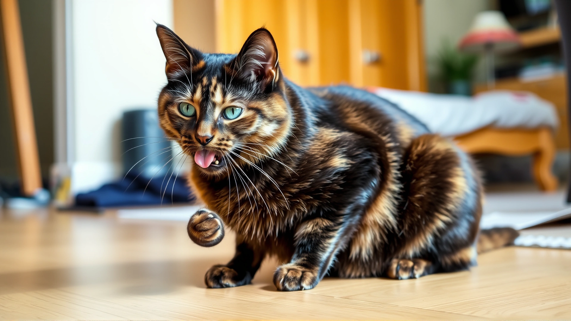 Tortoiseshell cat drooling slightly and pawing at its mouth while sitting on a wooden floor, natural home environment, no text