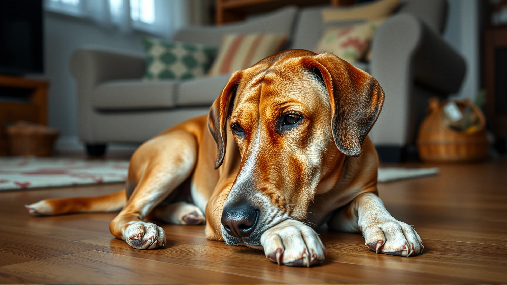 A sick-looking dog sitting on the floor with droopy ears and sad eyes, inside a cozy living room; no visible text.