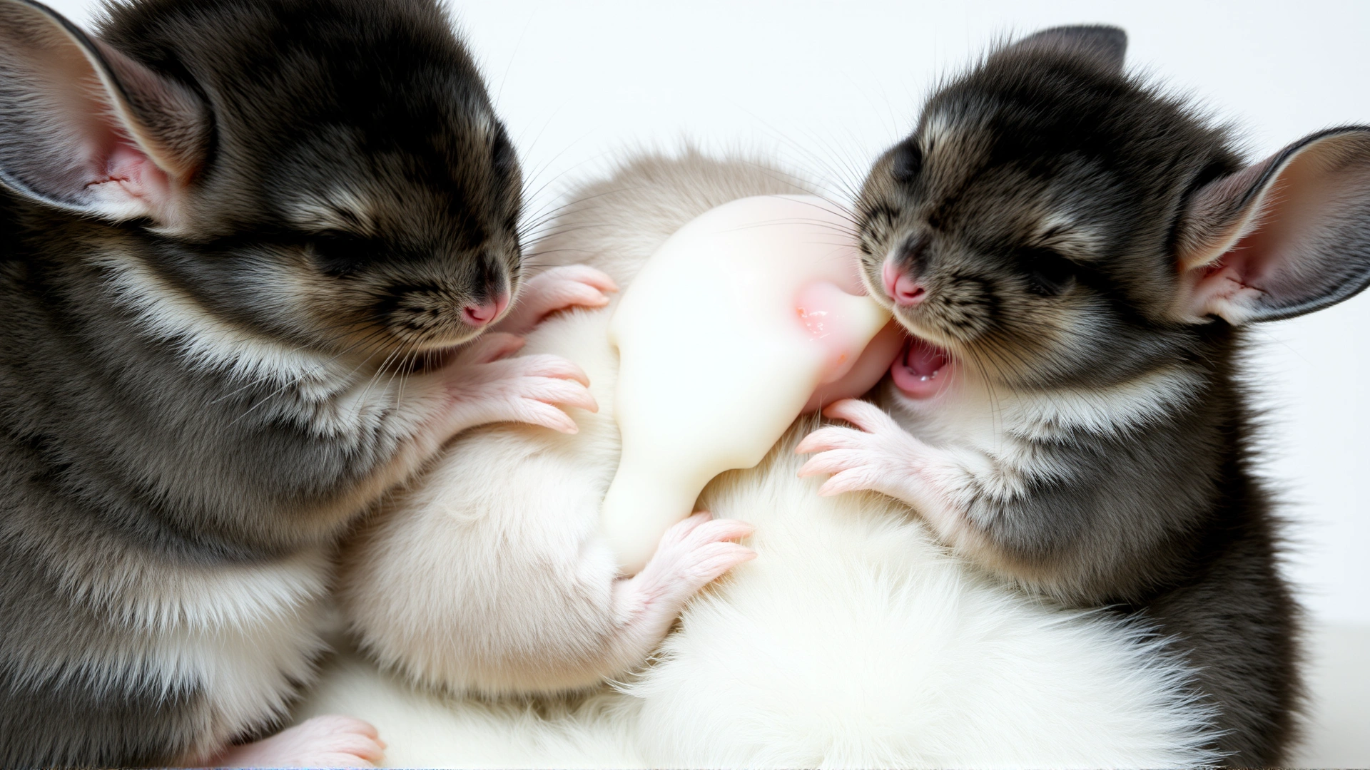 Hungry chinchilla kits climbing on each other and seeking milk from mother, illustrating early signs of insufficient milk