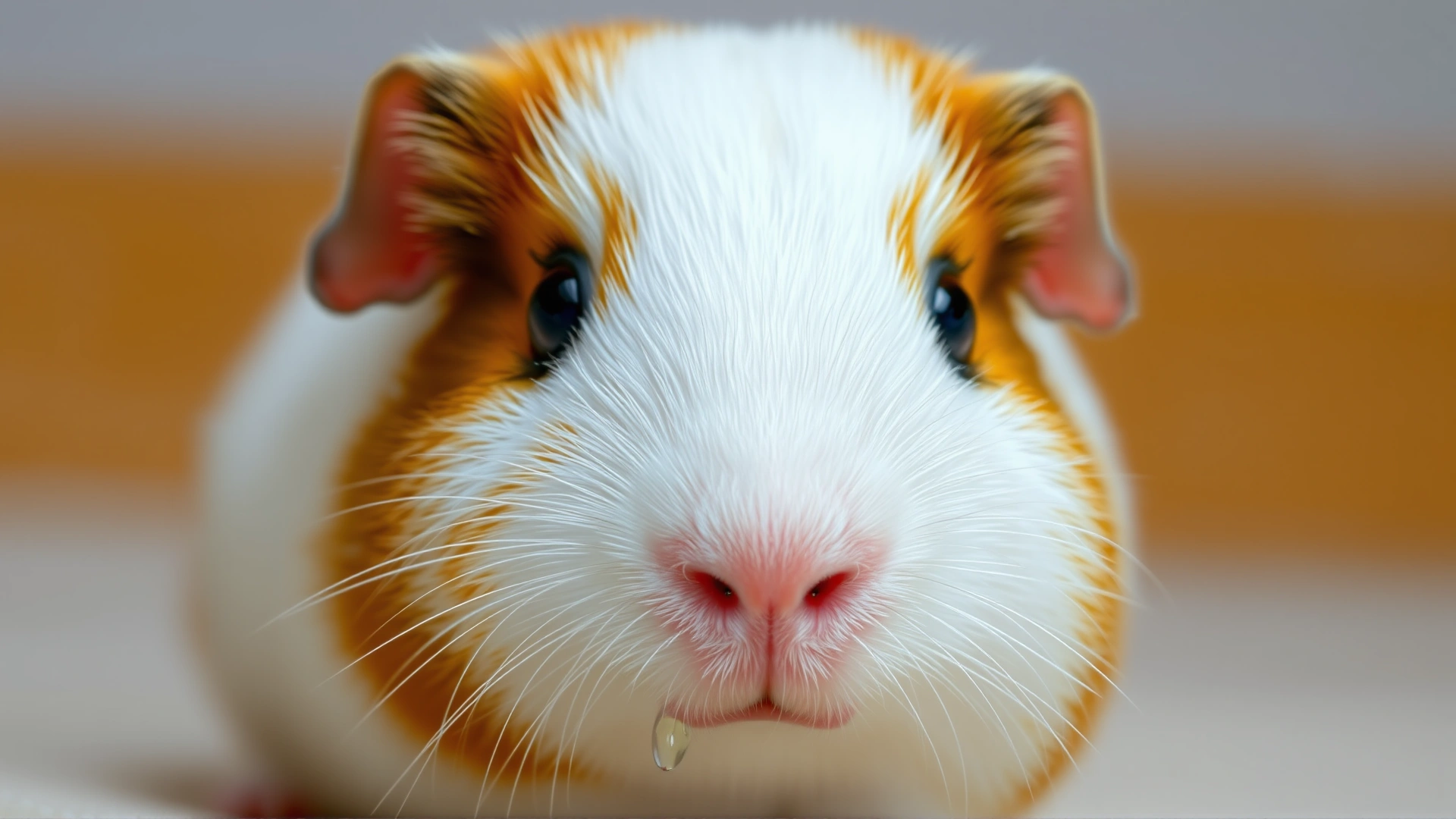 Guinea pig showing watery eyes and slight nasal discharge, captured in a gentle close-up, neutral background