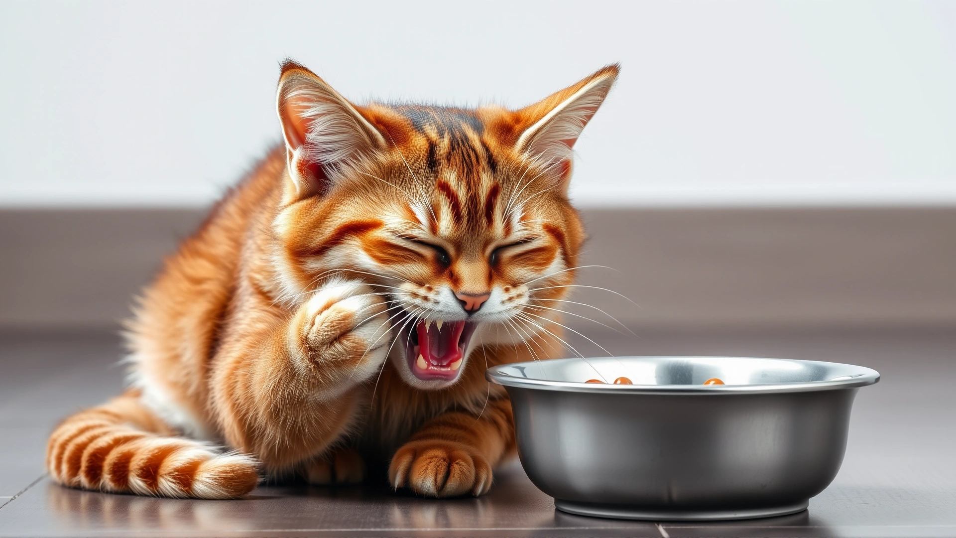Cat drooling and pawing at its mouth while sitting beside a food bowl, illustrating symptoms of oral discomfort
