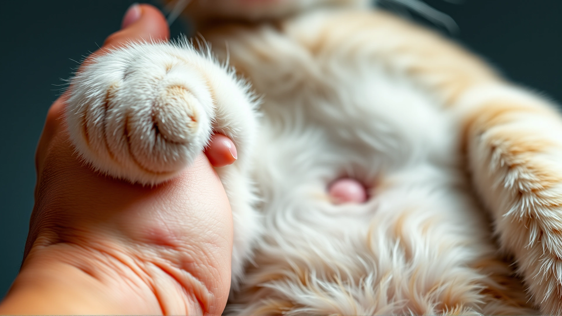 Macro shot of a human hand lifting a cat’s front leg to reveal small lump near nipple on cat’s belly, clear focus on mammary area
