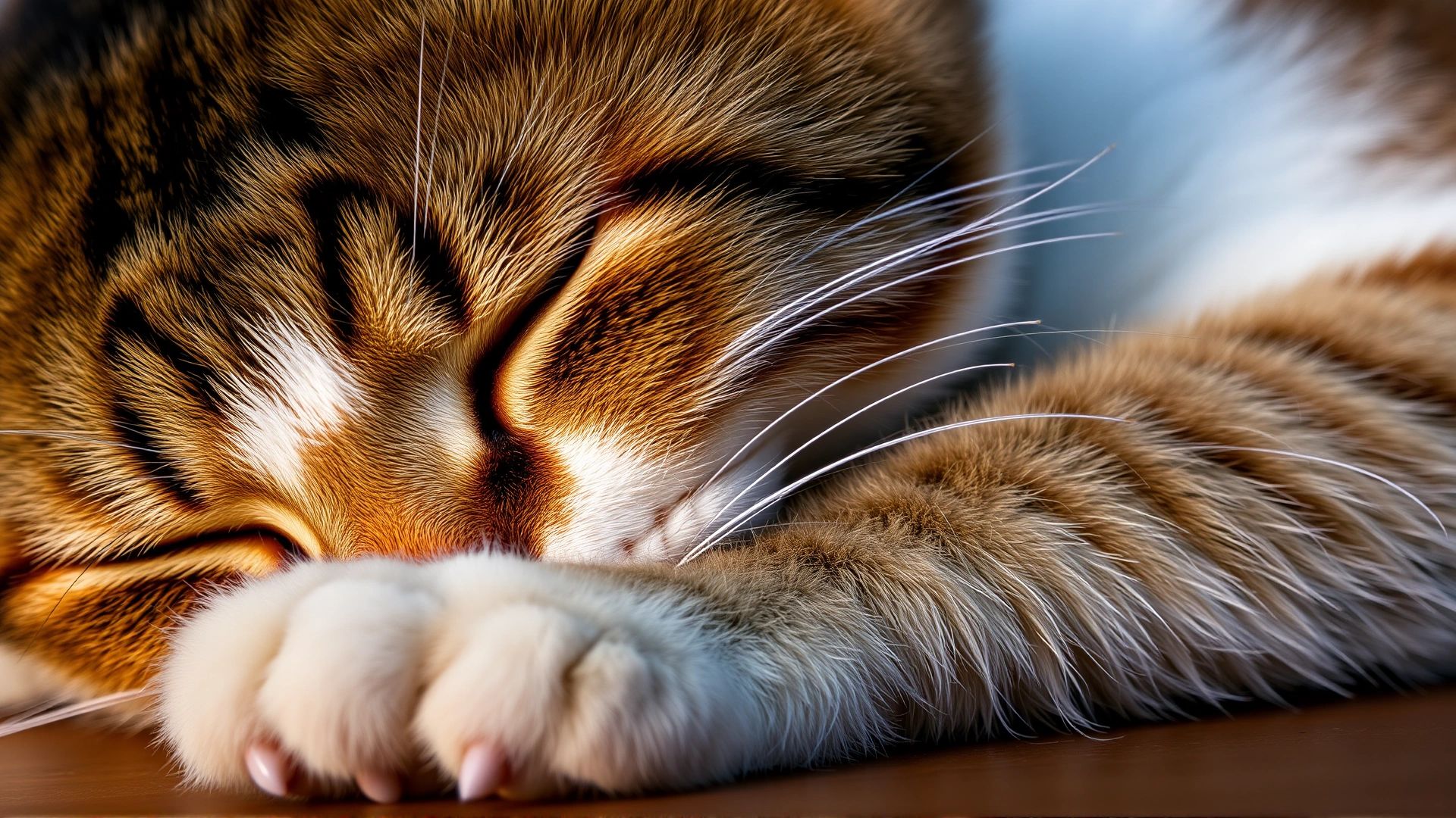 Close-up of a cat showing signs of lethargy, with half-closed eyes and head resting on its paws