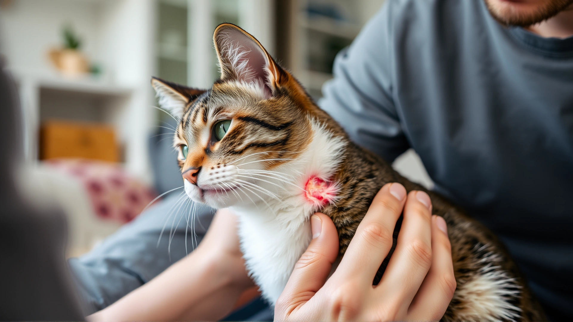 An owner gently touching a swollen area under their cat's jaw in a cozy home environment, showing concern.