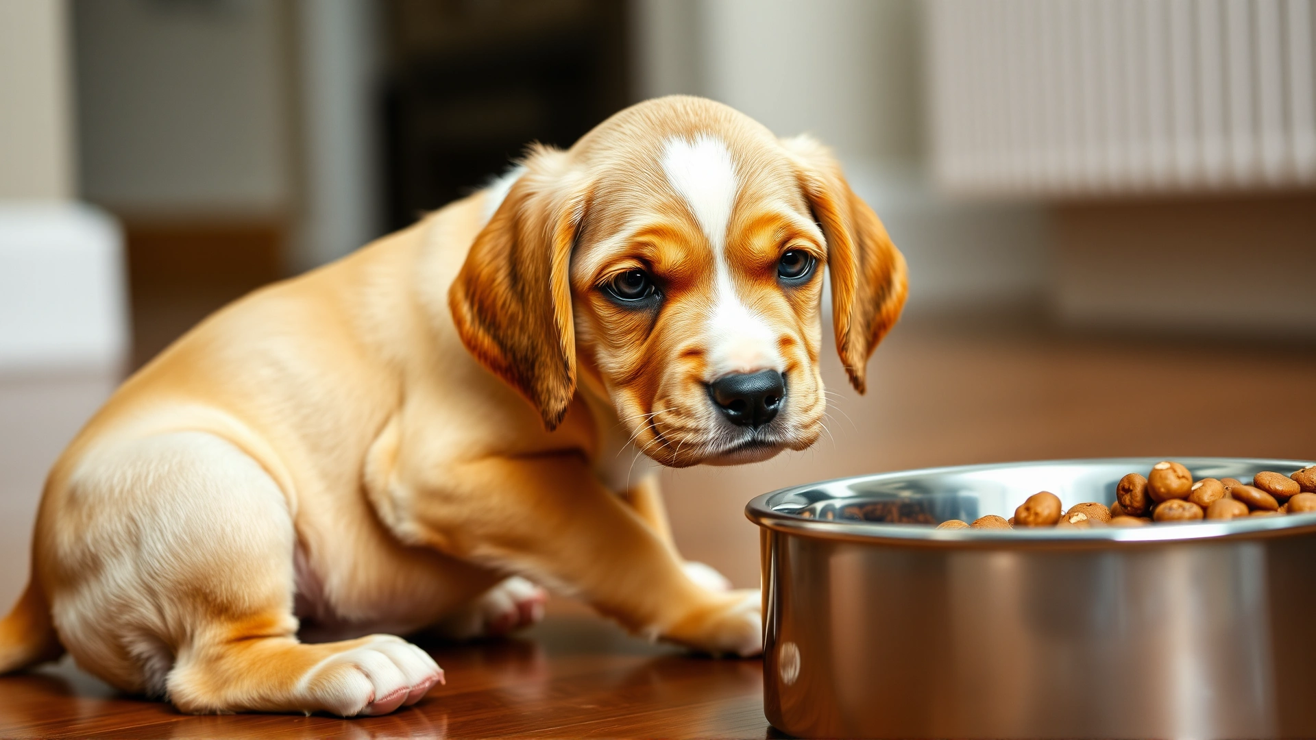 Close-up of a puppy with droopy ears looking uncomfortable, sitting next to a food bowl, indoor setting, natural lighting