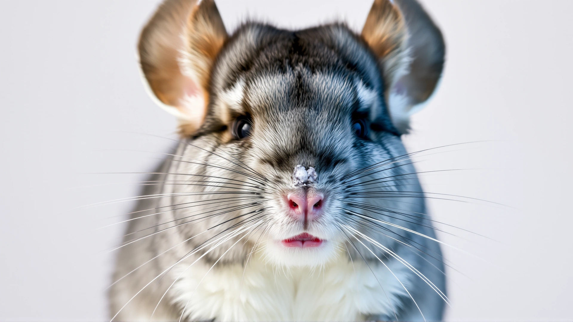 Chinchilla sneezing with slight nasal discharge, captured in a candid moment on neutral background, focusing on the face