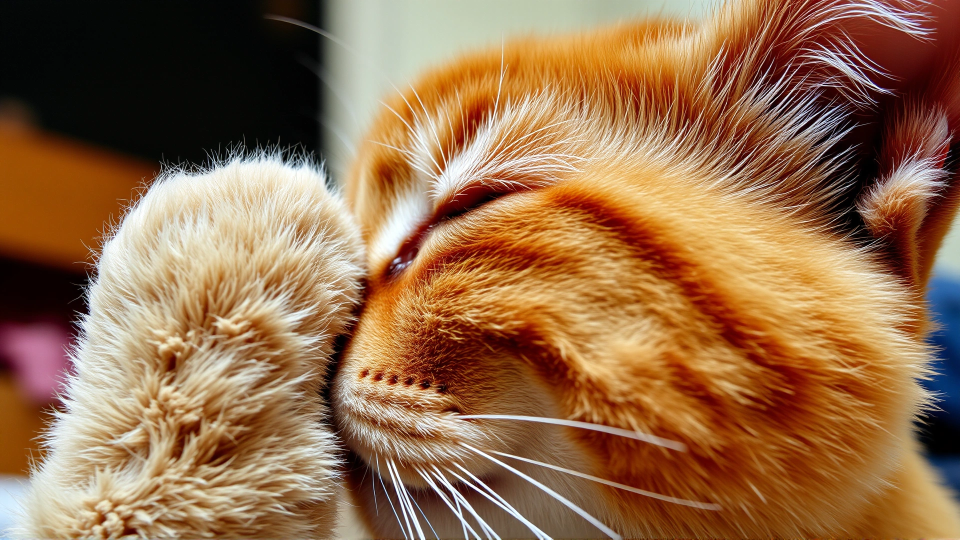 Close-up side profile of a cat scratching its irritated eye with paw, slight tear staining visible, indoor setting