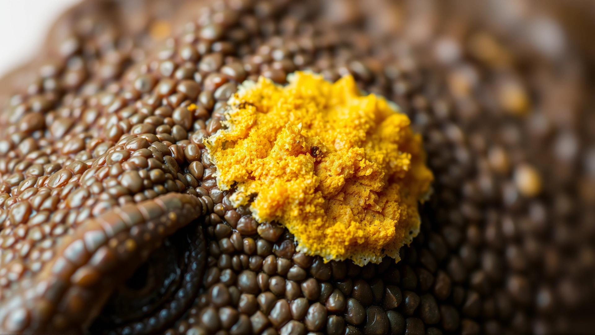 Macro photograph of reptile skin displaying flaky yellow lesions characteristic of fungal infection, sharp focus, neutral background