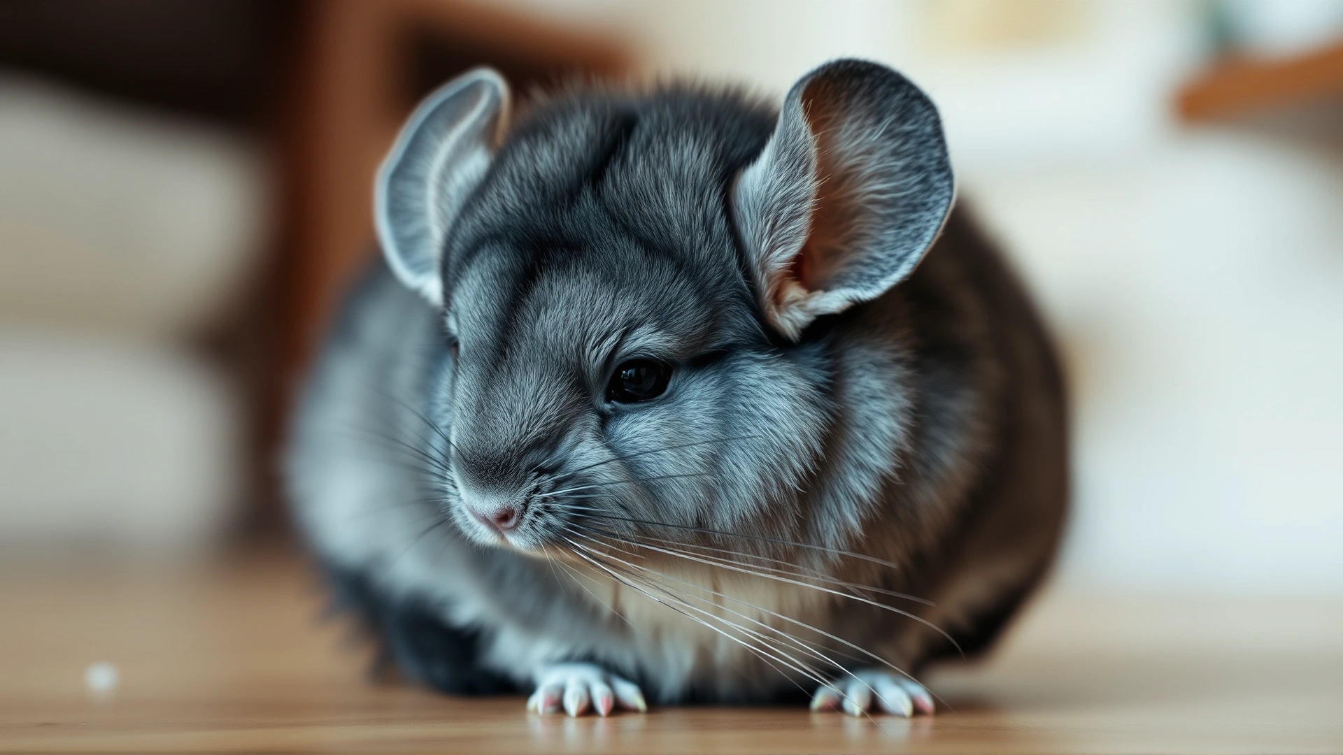 Indoor close-up of a chinchilla sitting slightly hunched with ears down, conveying discomfort. Soft focus background.