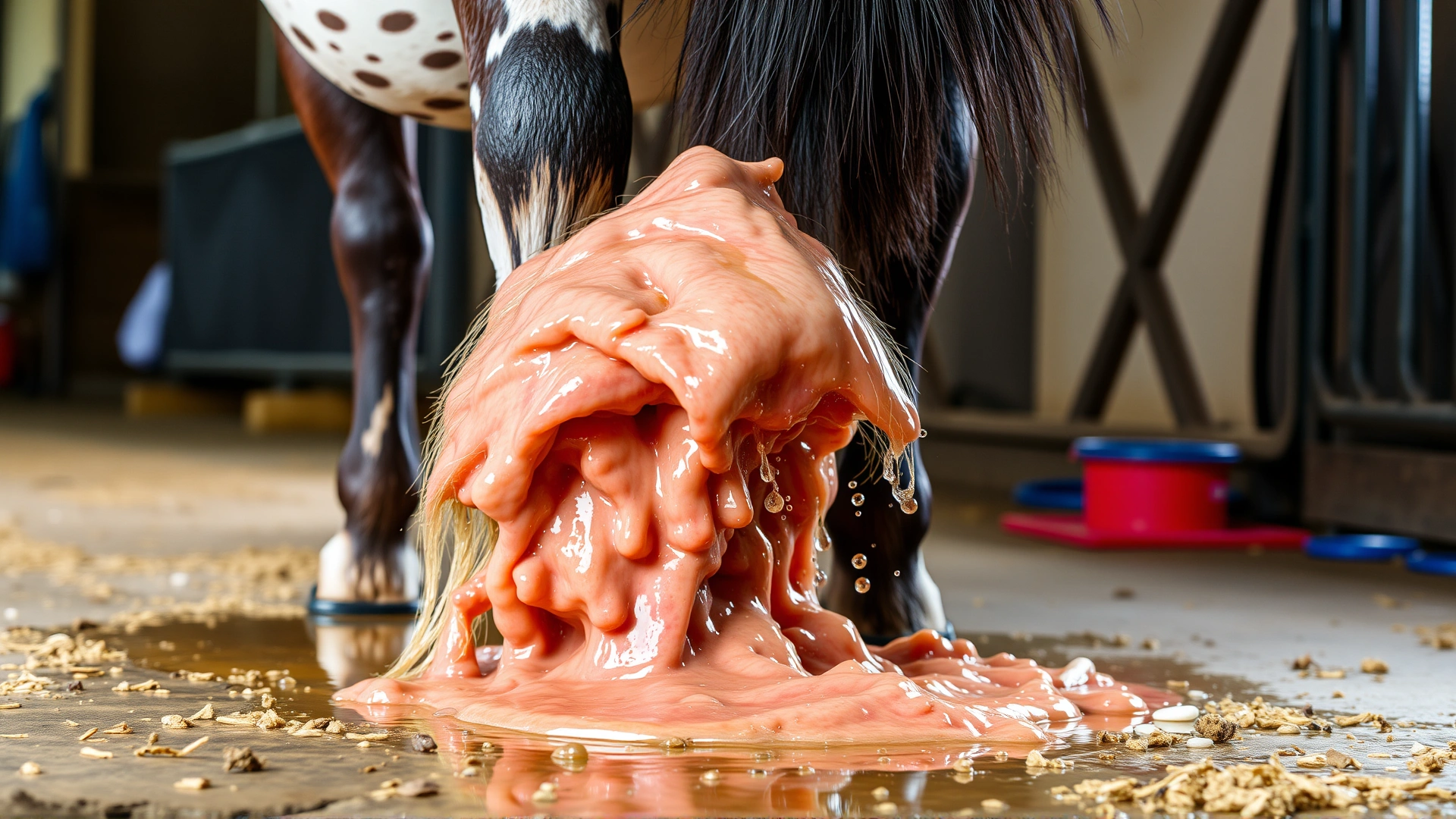 Close-up of the hindquarters of a horse with watery diarrhea splattering onto stable floor, illustrating one of the main symptoms.