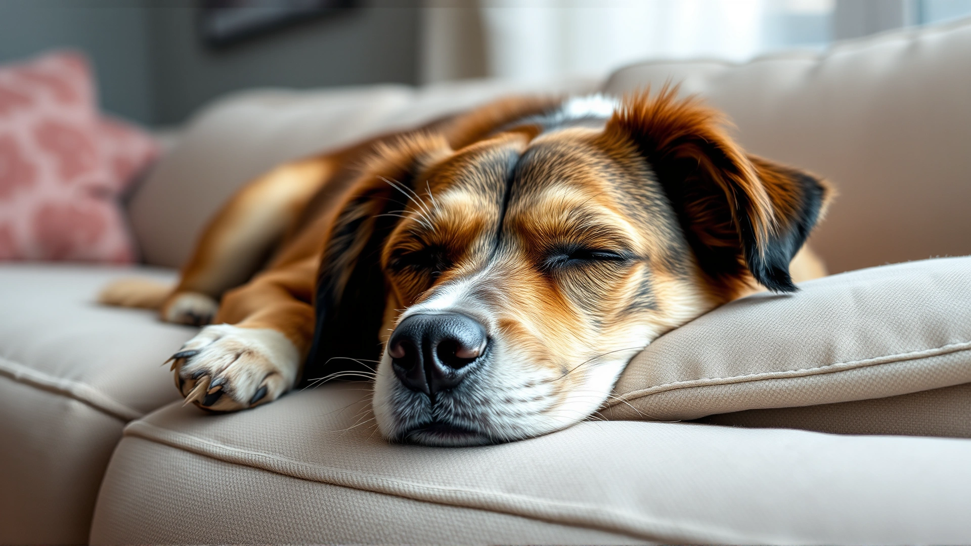 Lethargic dog lying on a couch, eyes half-closed, indoor soft light