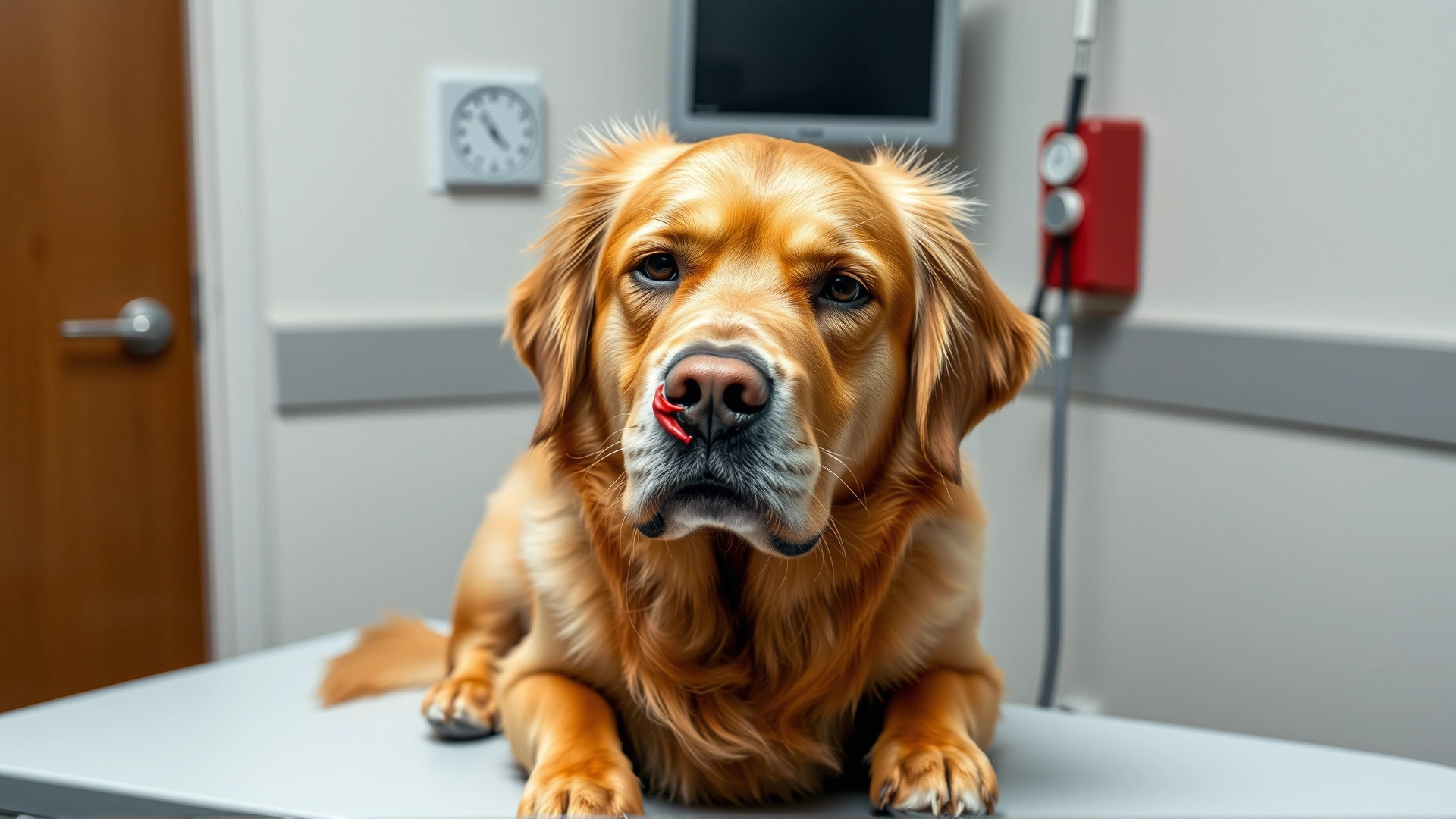 Medium shot of a golden retriever sitting on a clinic examination table with a visible nosebleed, looking slightly lethargic; clean background, sharp focus, no text.