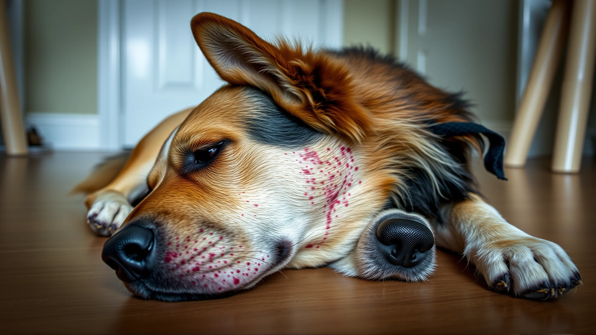 Dog showing signs of poisoning such as drooling and lethargy while lying on the floor, natural indoor light, no text
