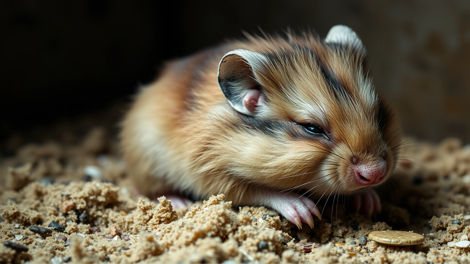 Hamster with ruffled fur and half-closed eyes sitting listlessly on soiled bedding, conveying signs of illness
