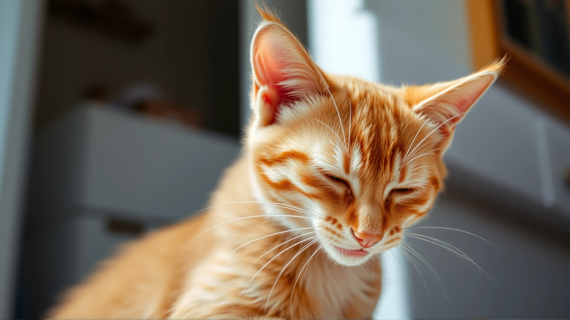 Action shot of an orange tabby cat shaking its head, motion blur emphasizing the movement, taken indoors with soft lighting.