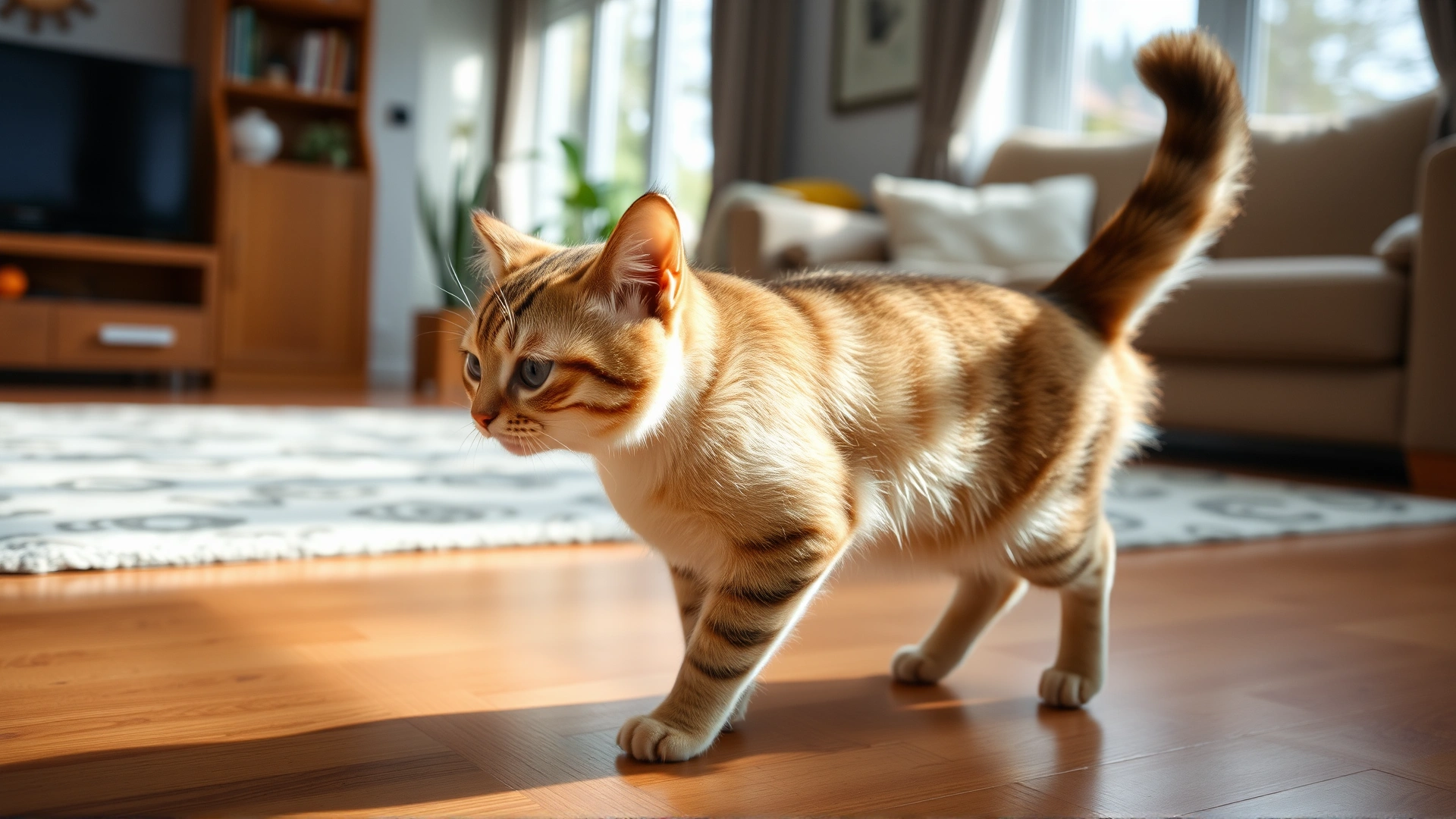 Domestic cat at home walking in circles with slight head tilt, captured in a bright living room setting, illustrating neurological symptoms.