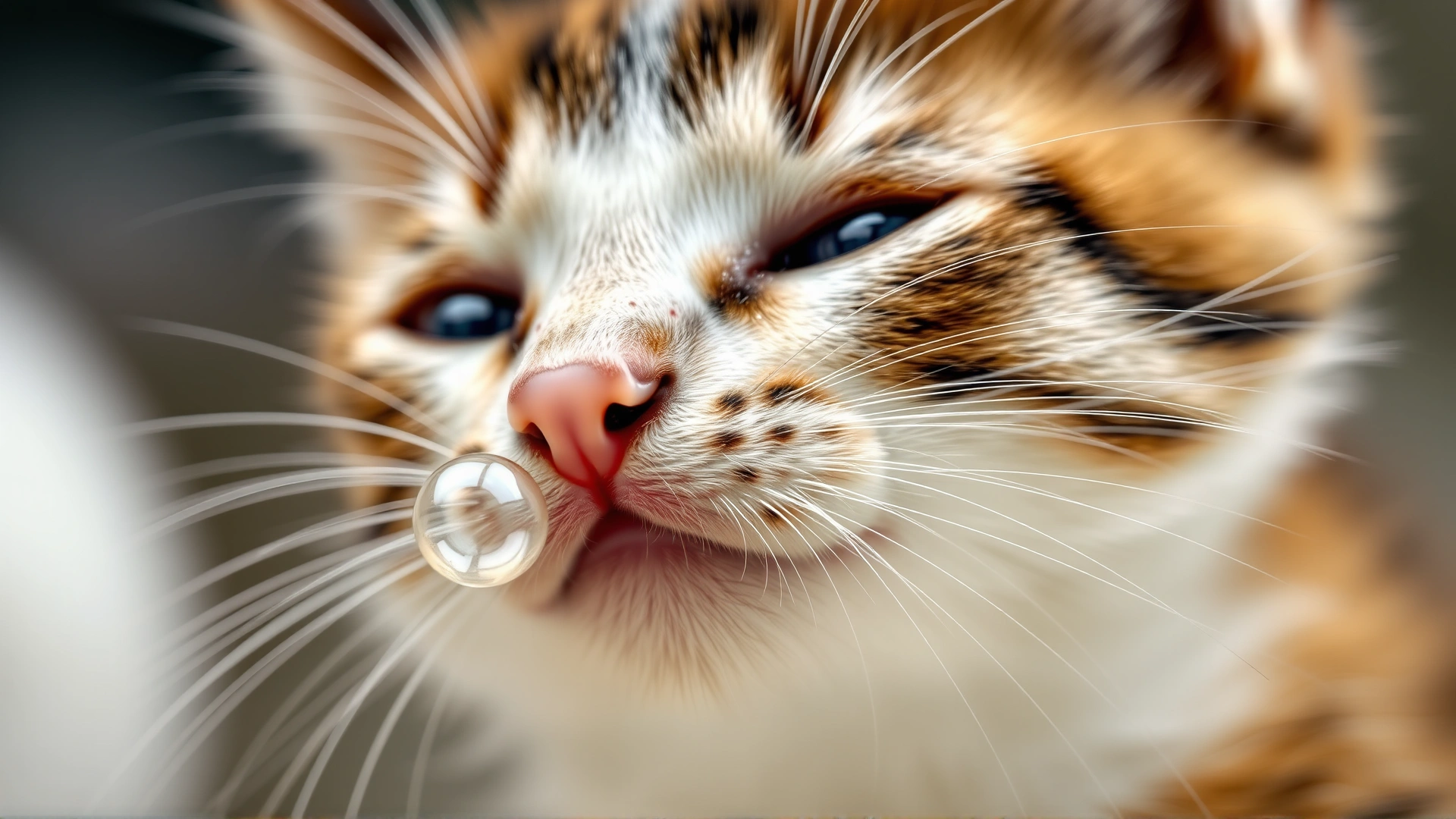 A close-up photo of a kitten with milk bubbles coming out of its nostrils after feeding, illustrating nasal regurgitation