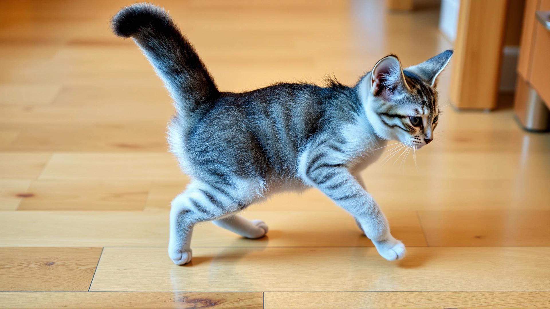Illustrative photo of a young cat showing an unsteady, bunny-hopping gait on a hardwood floor, highlighting rear-limb weakness.