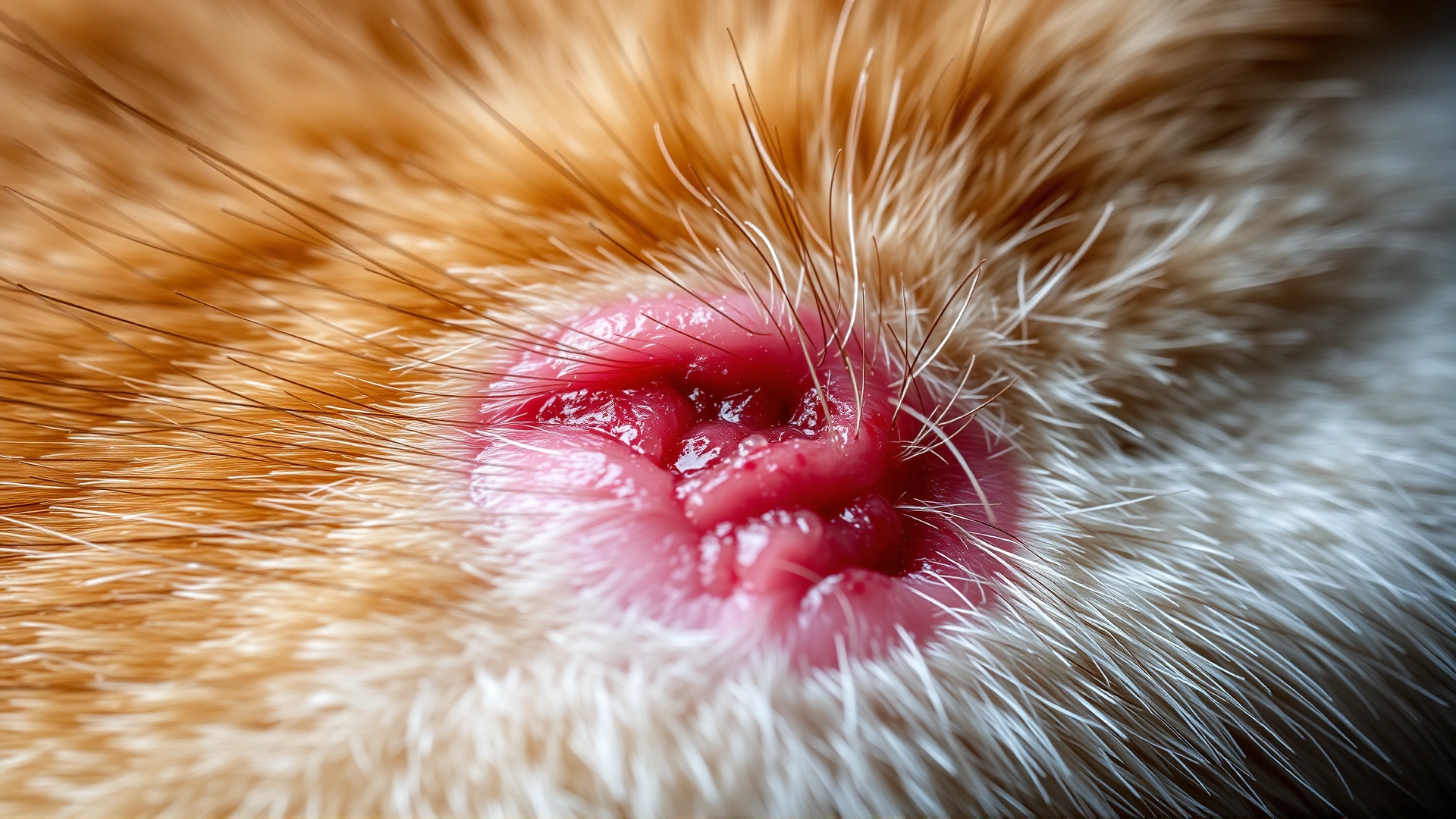 Close-up macro of cat skin showing redness and mild inflammation where fur is missing; studio lighting.
