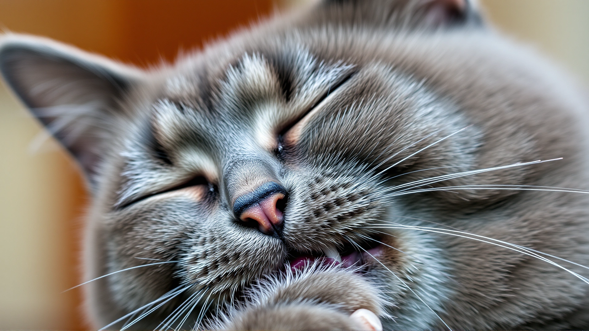 Close-up of a grey cat drooling slightly while pawing at its mouth, illustrating discomfort.