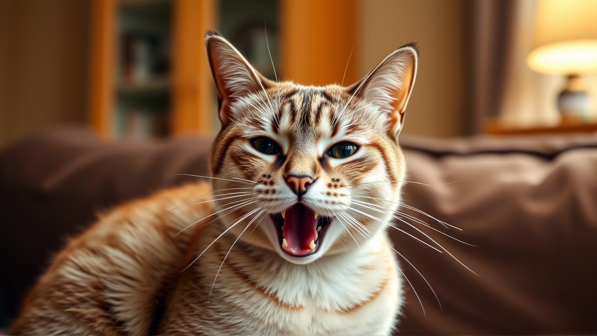 Domestic short-haired cat sitting on a couch with mouth slightly open and tongue visible, showing mild respiratory distress; warm indoor lighting.