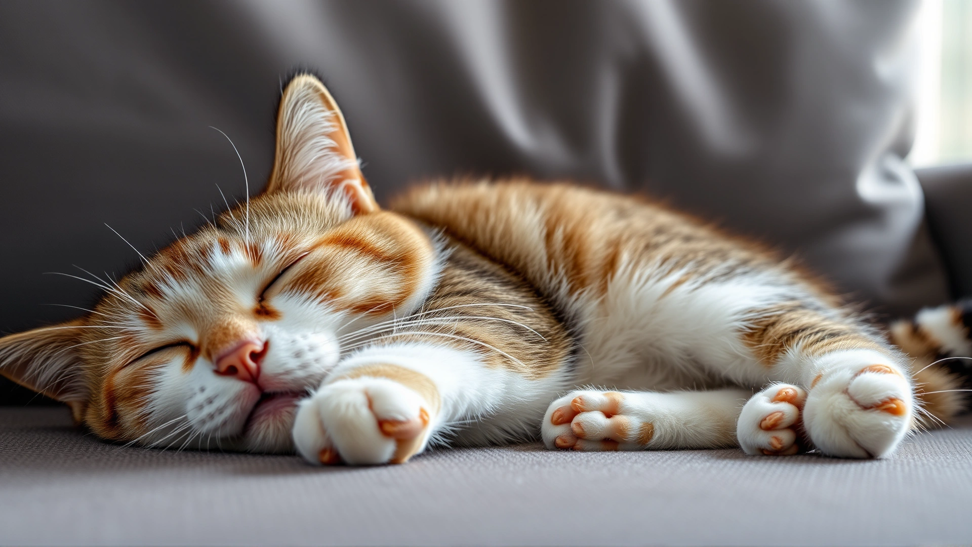 Domestic cat lying on its side on a couch looking tired and listless with soft natural lighting