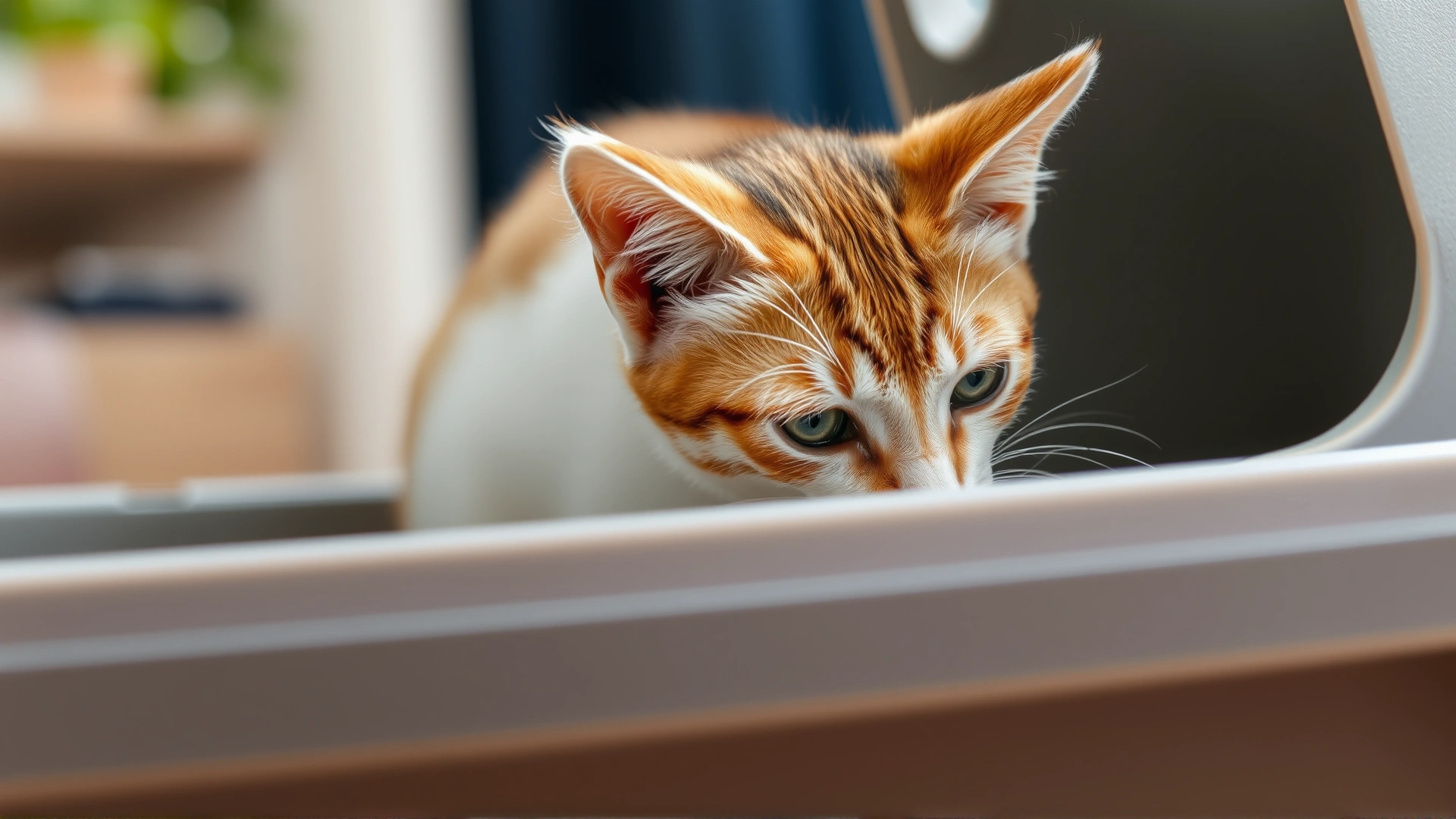 Photo of a cat straining inside a litter box, captured from the side in natural indoor lighting.