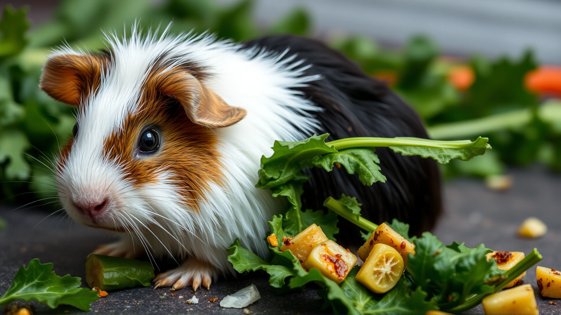 Guinea pig struggling to chew leafy greens, pieces of vegetables scattered around, showing signs of discomfort