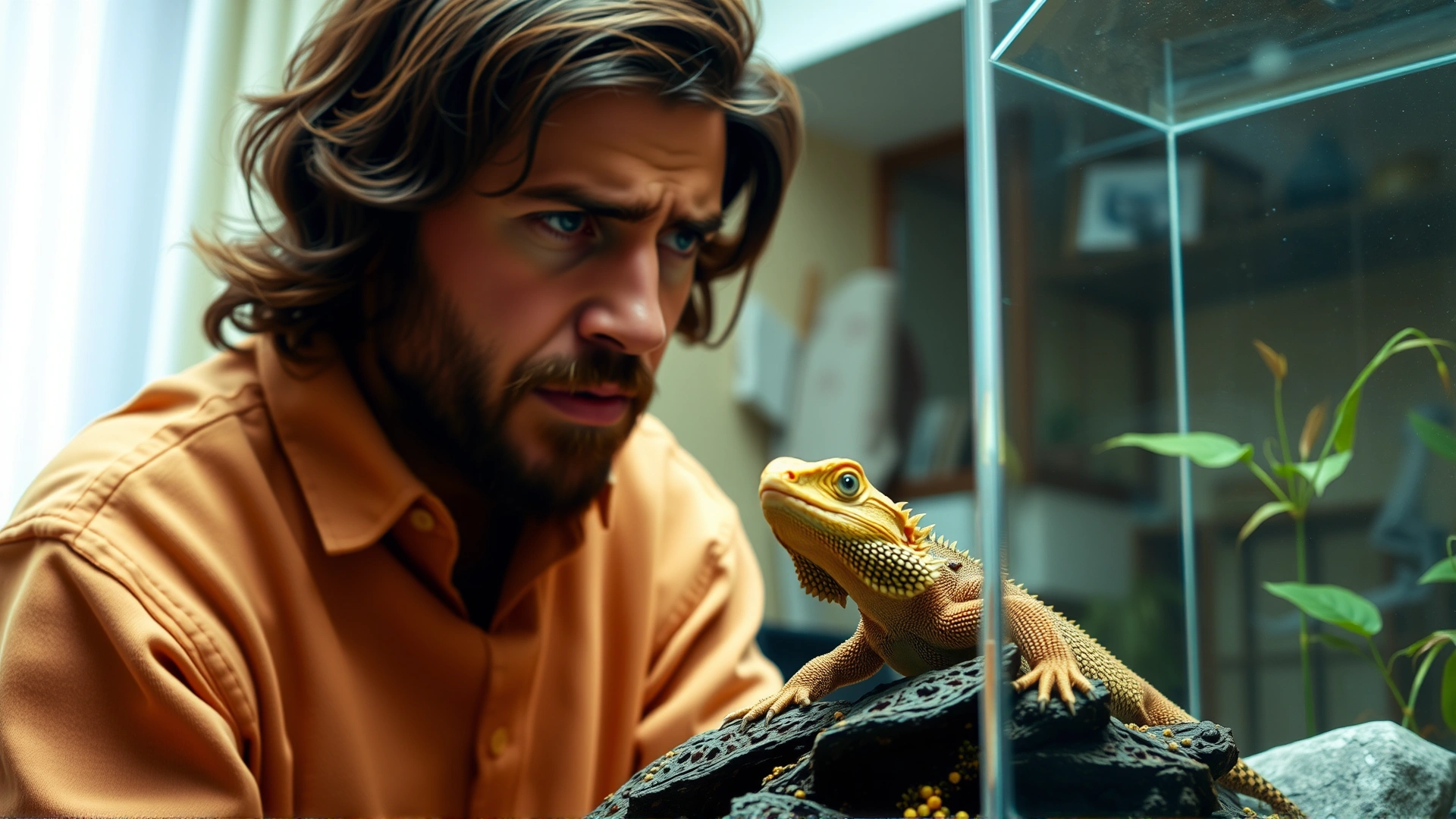 Pet owner observing a bearded dragon in its terrarium, looking concerned, terrarium interior visible, warm lighting