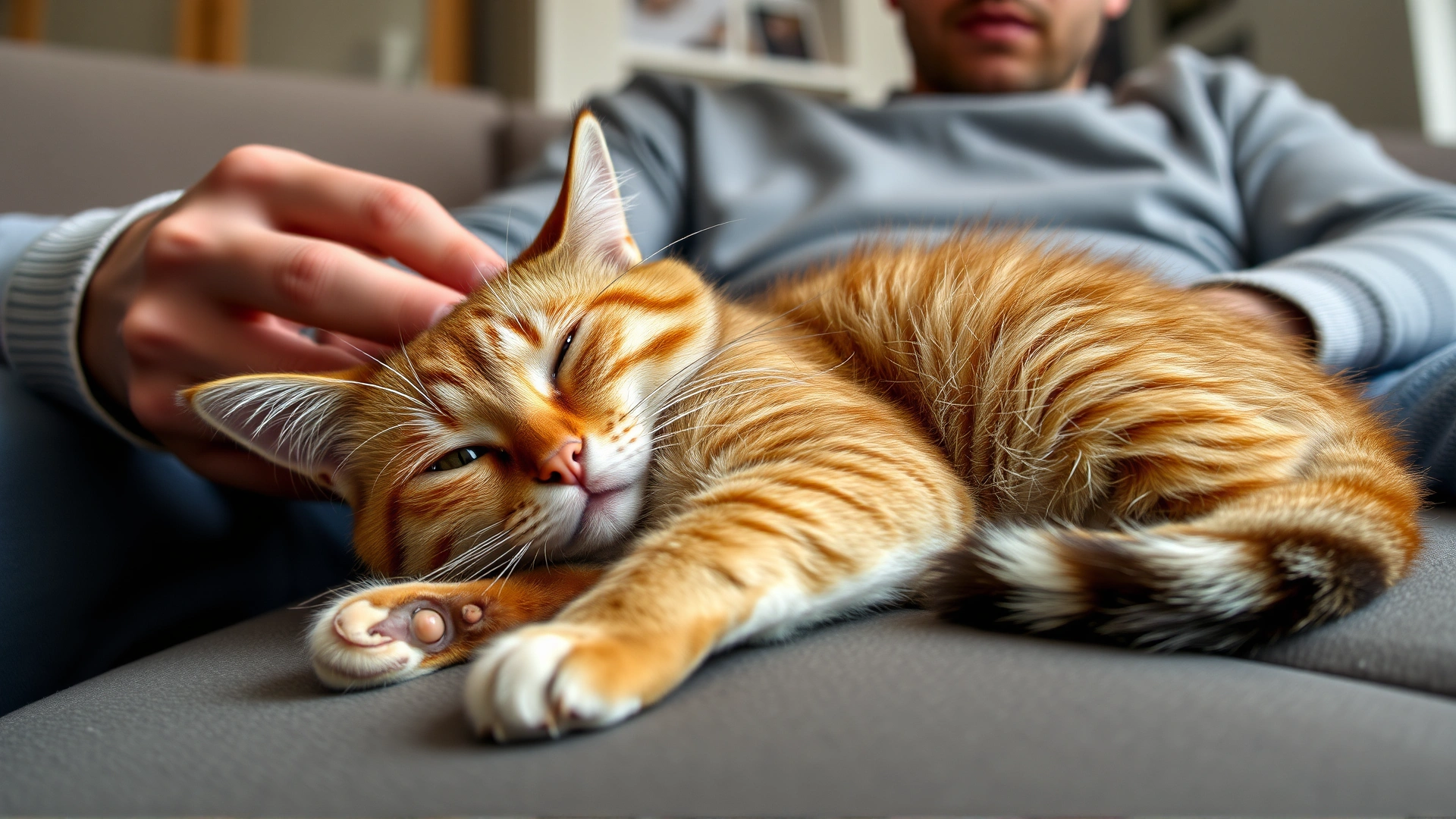 A slightly lethargic cat with pale gums lying on a living room sofa while its owner gently observes it, conveying early symptoms.
