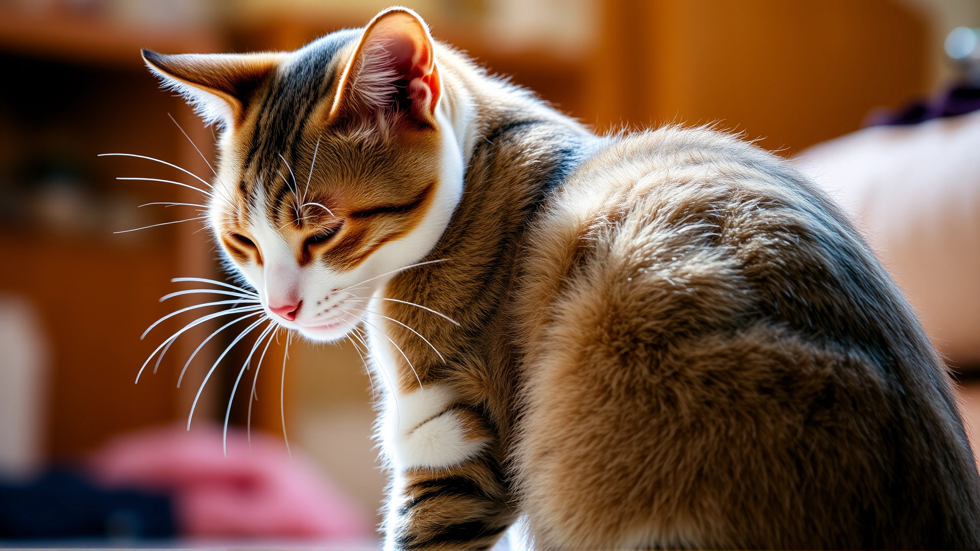 Photo of a domestic short-haired cat showing discomfort and licking the hind area, shot indoors with warm lighting.