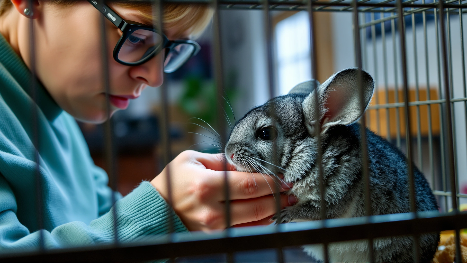 Pet owner observing a lethargic chinchilla inside its cage, showing concern, indoor lighting