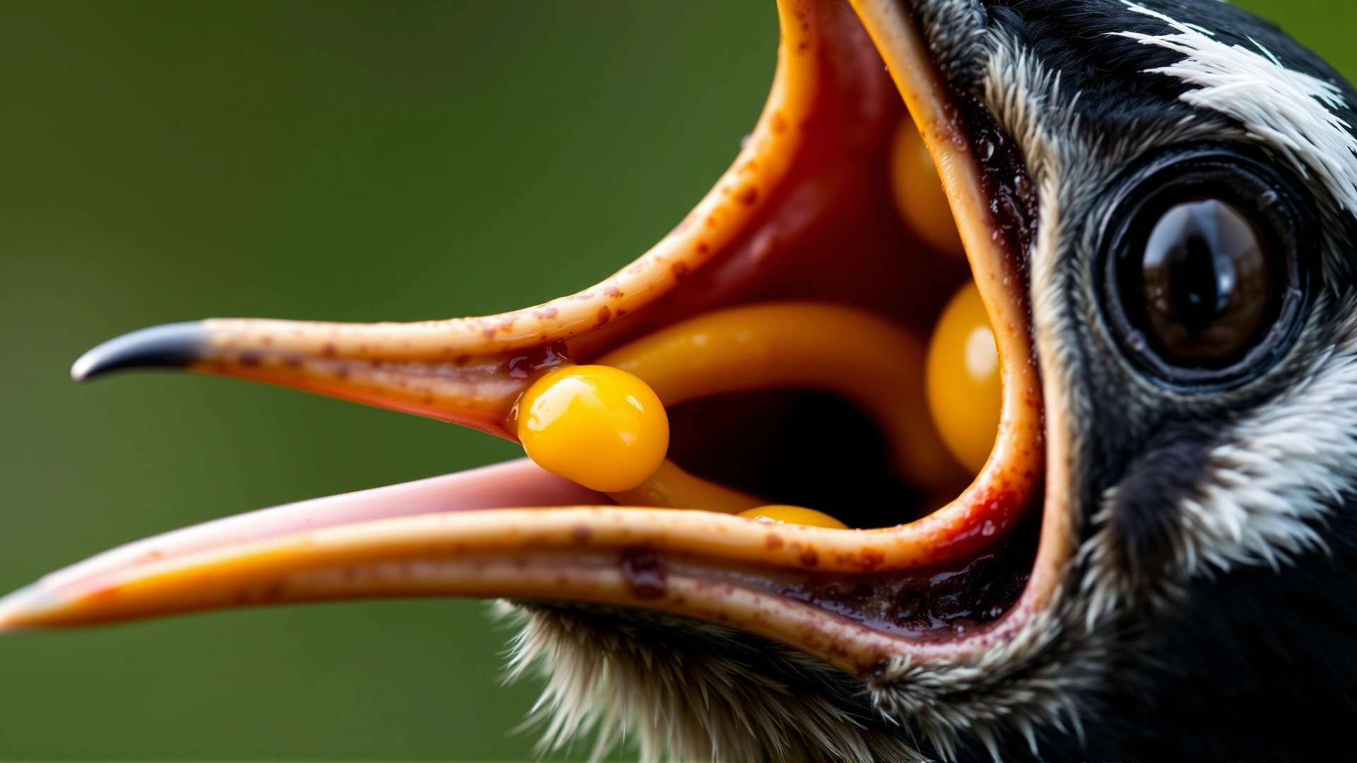 Macro shot of a bird’s open beak displaying a yellow caseous lesion inside the mouth to visually represent trichomoniasis symptoms.