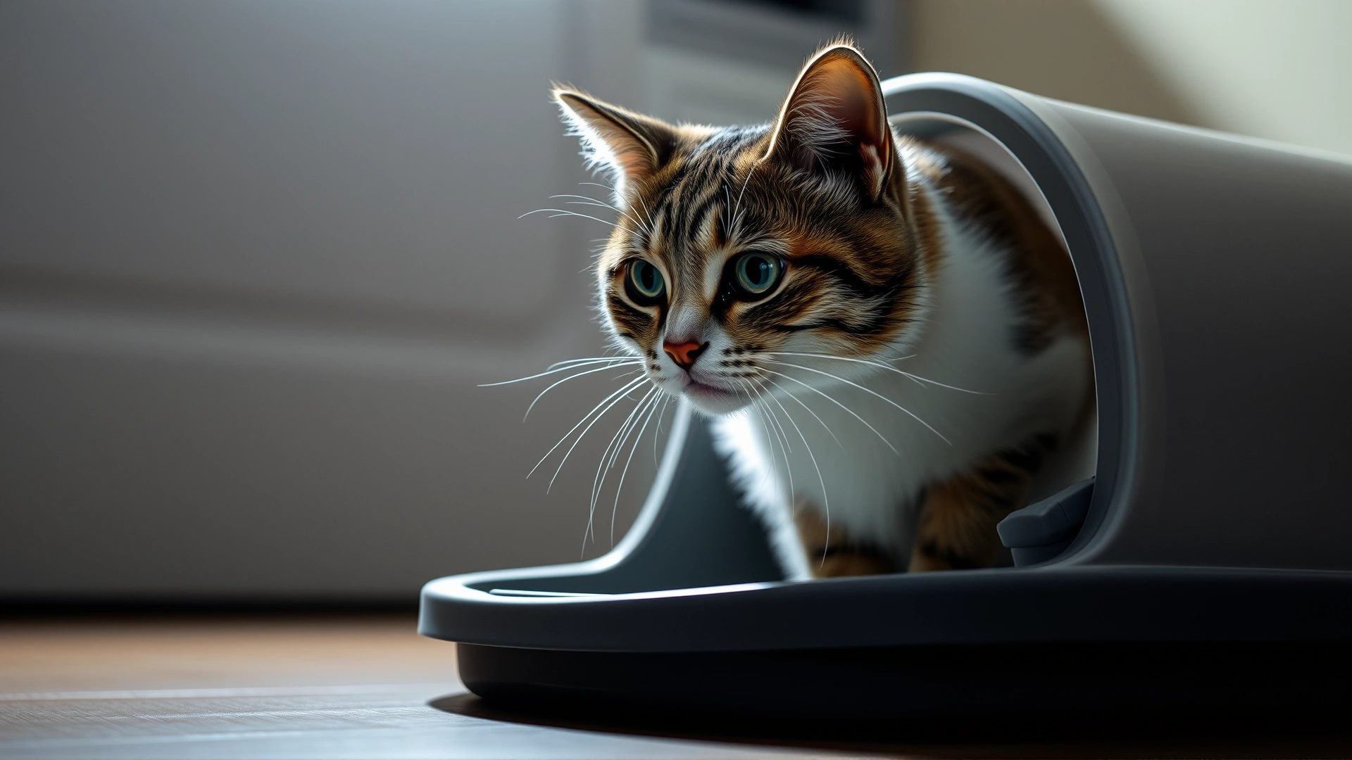 Domestic short-hair cat looking uncomfortable by a litter box, low light indoor scene emphasizing concern