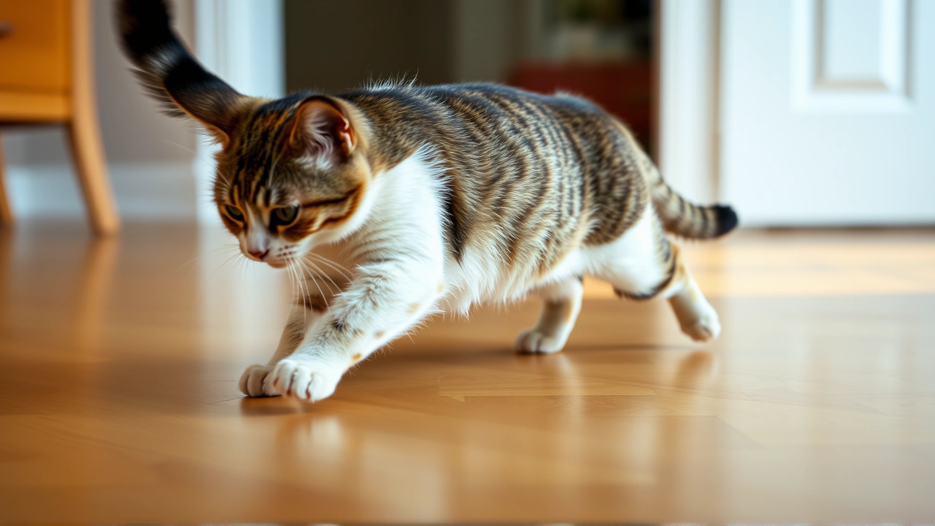 Domestic shorthair cat scooting across a clean hardwood floor, rear end slightly lowered, subtle motion blur to convey movement.
