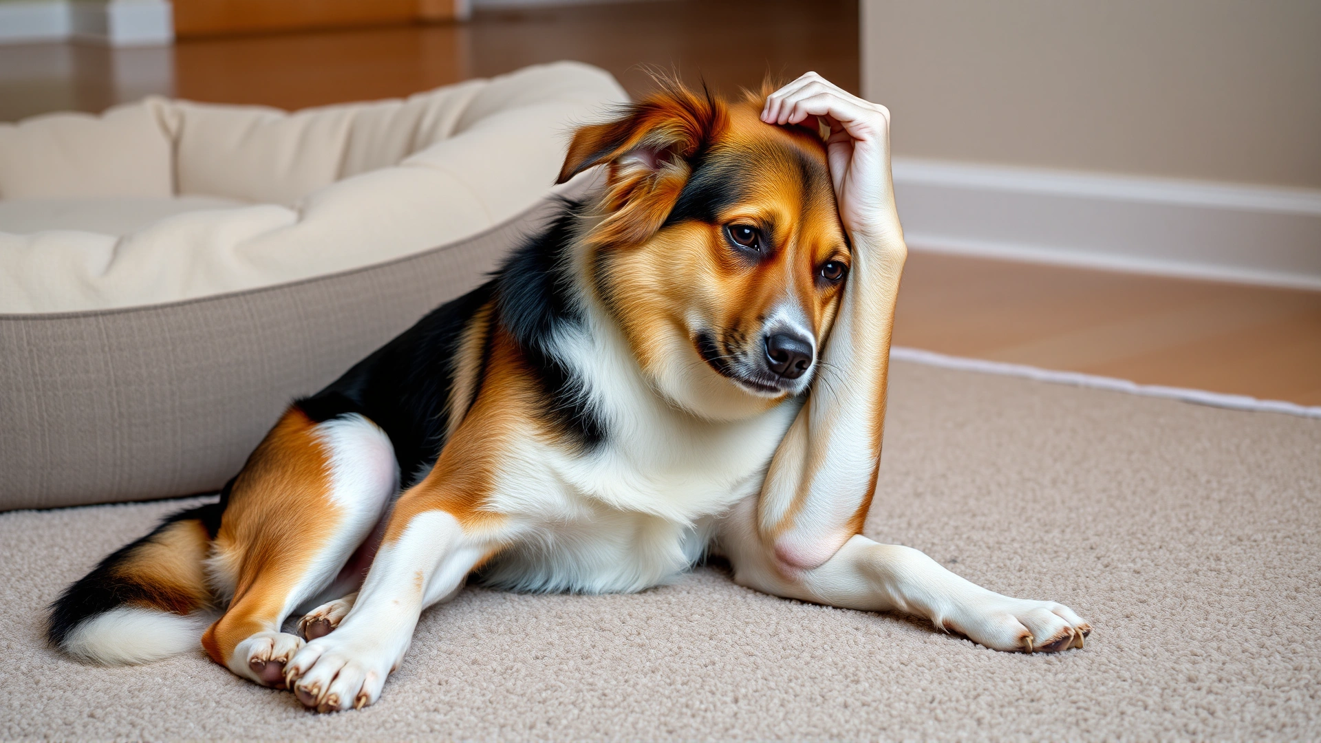 Medium-sized mixed breed dog sitting on a carpet and scratching behind its ear with a hind leg, next to a soft dog bed.