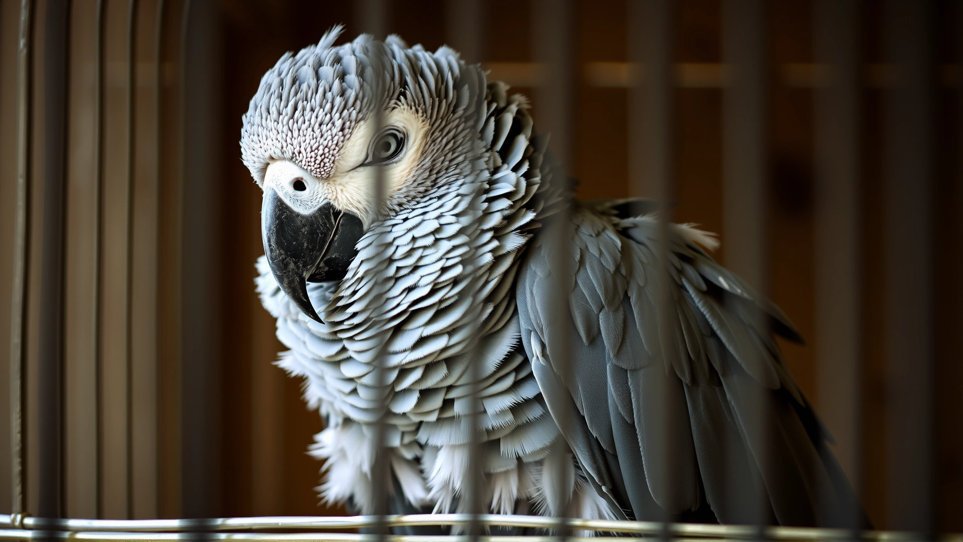 An African Grey parrot perched inside a cage, feathers fluffed and eyes half-closed, conveying lethargy.