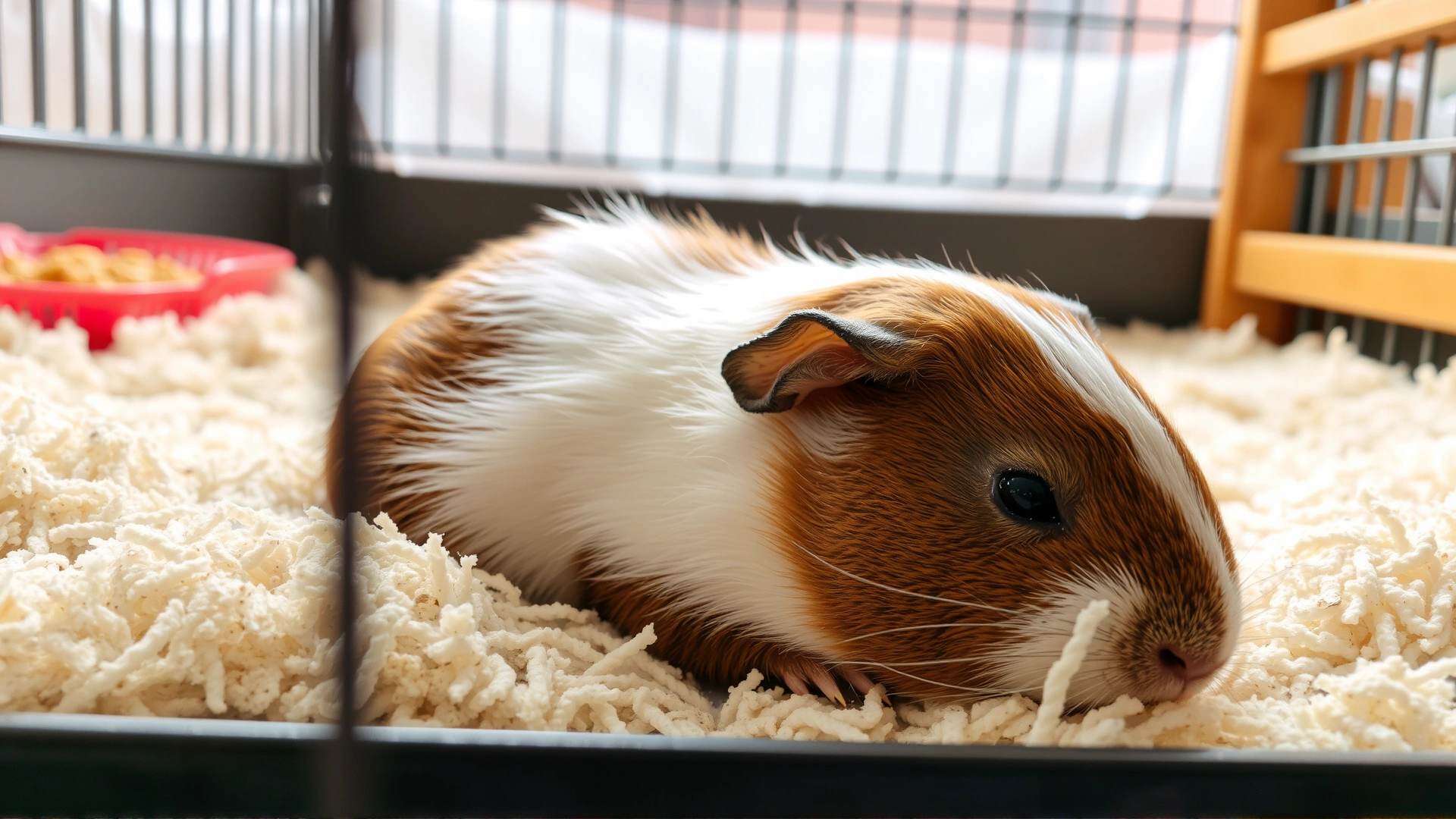 A lethargic guinea pig lying on soft bedding inside its cage, looking tired and uninterested in food