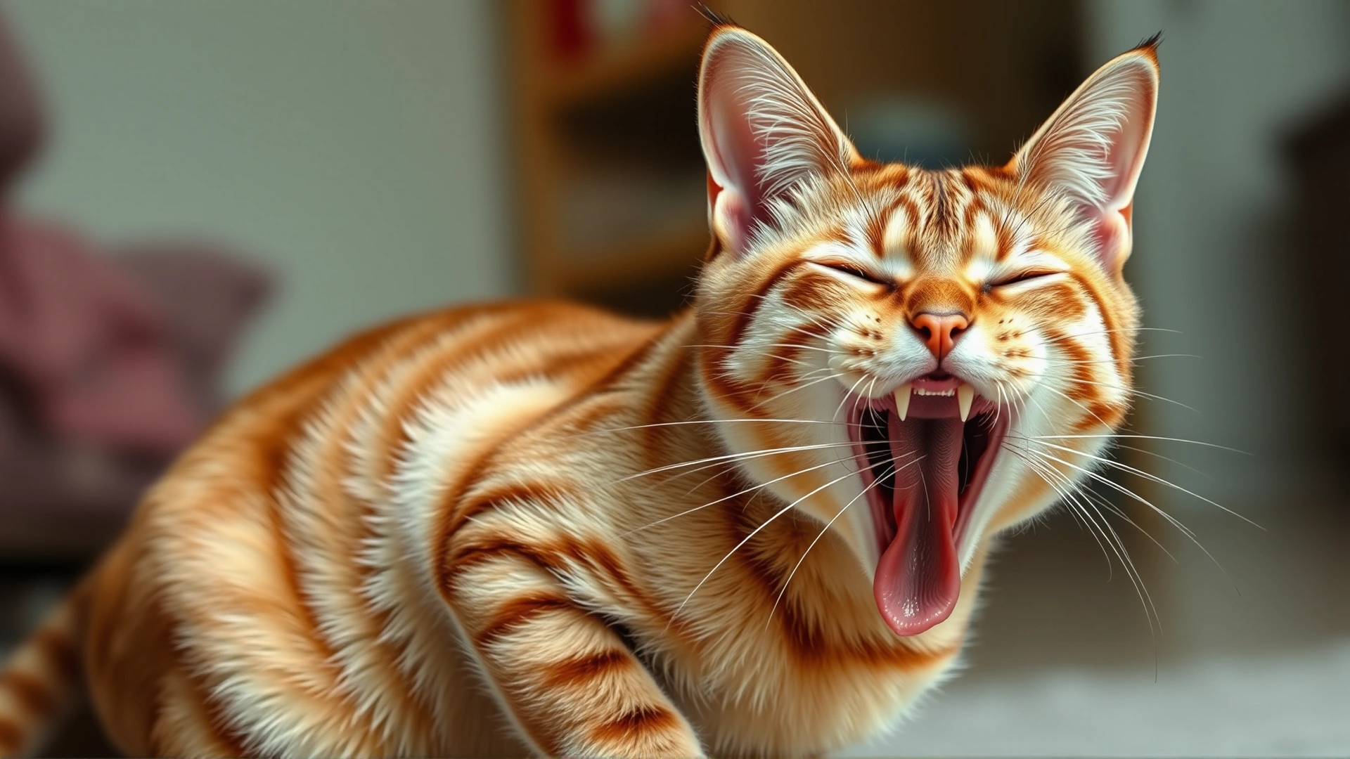Mother cat showing subtle muscle tremors and panting, photographed indoors with shallow depth of field to highlight the physical signs.