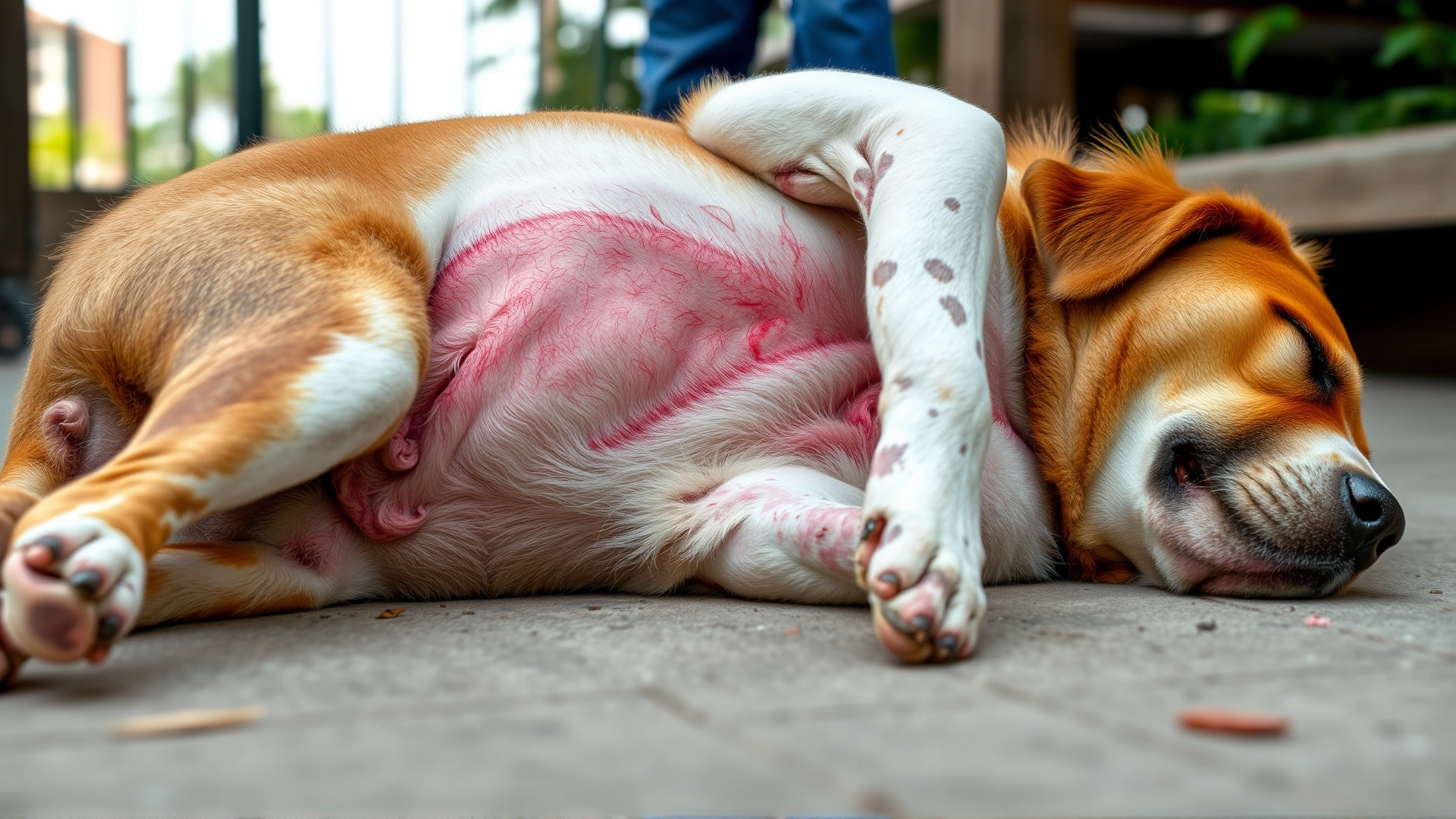 A dog lying on its side showing red irritated skin and hair loss on the belly area, outdoor setting, no text