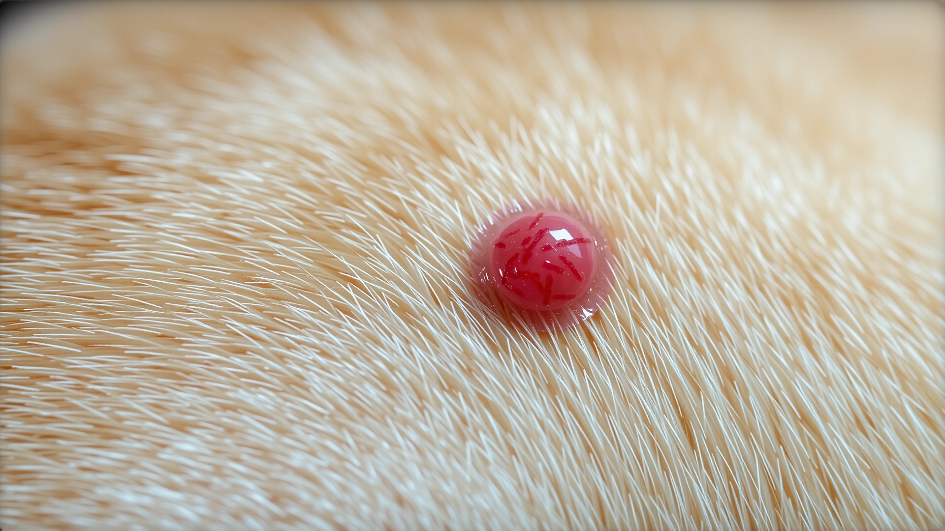 Macro photograph of a cat’s skin showing a small raised lesion or nodule with slight redness, illustrating a possible skin tumor.