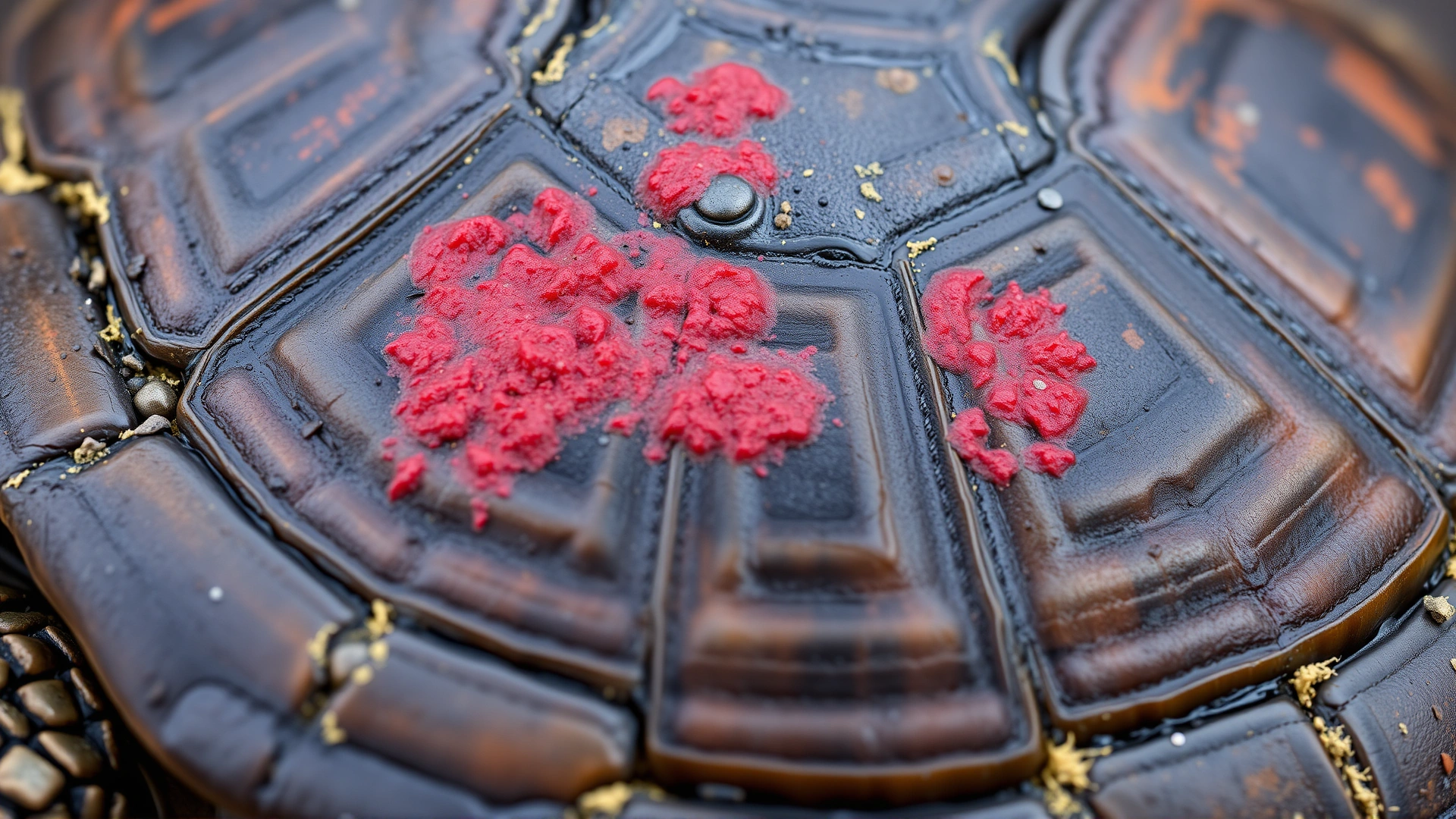 Close-up of a turtle plastron with visible reddish, inflamed patches indicative of septicemia