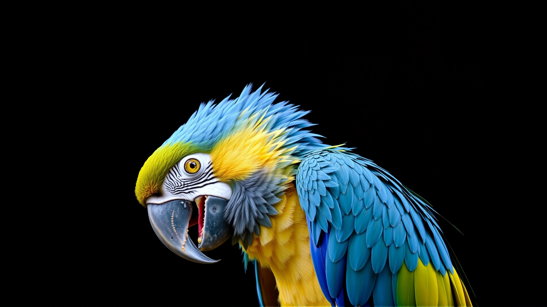Macaw perched with open beak and slightly bobbing tail, feathers slightly ruffled, depicting respiratory distress