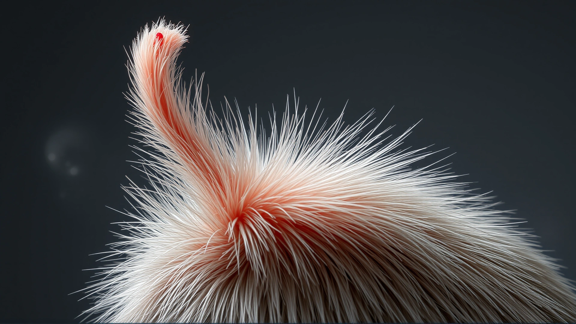 Extreme close-up of a gerbil tail with partial fur loss, mild redness visible, neutral background, clinical yet clear