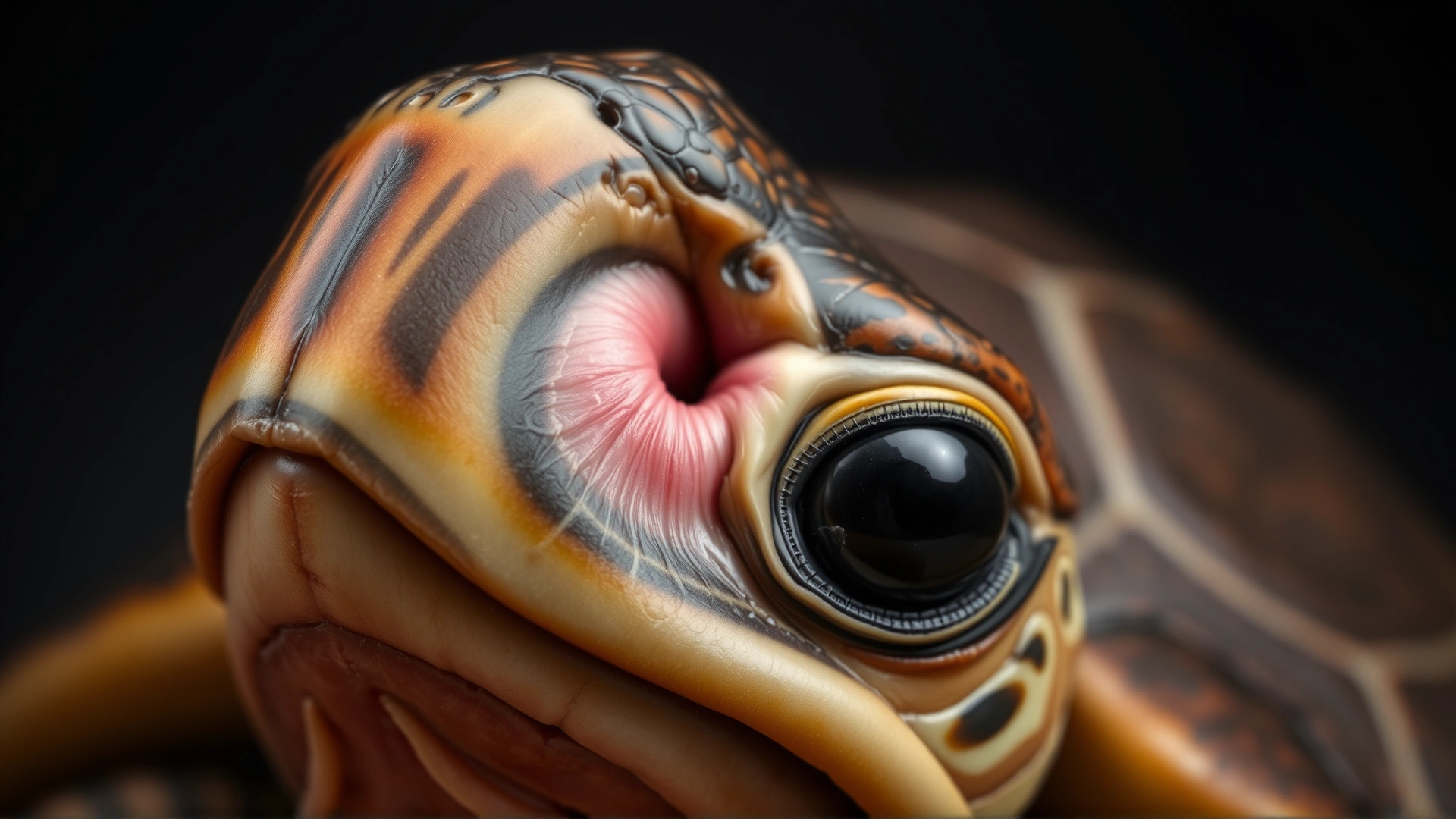 Macro photograph of a turtle's head showing noticeable swelling in the tympanic area, illustrating ear infection symptom