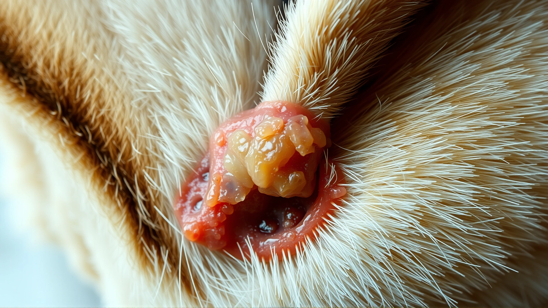 Macro close-up of a cat ear with a crusty, ulcerated lesion characteristic of squamous cell carcinoma, high detail, no text.
