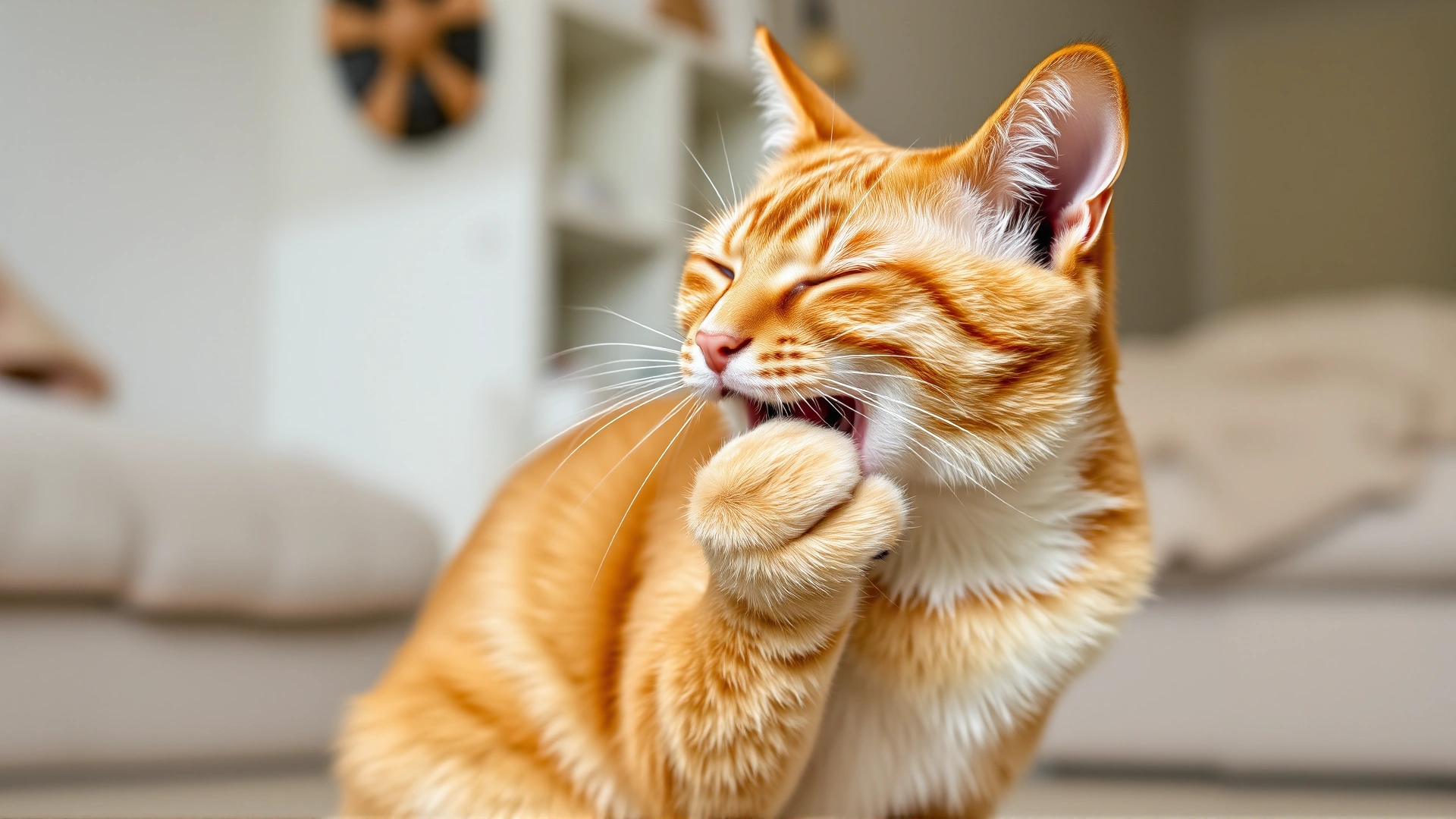 Photo of a ginger cat sitting and pawing at its mouth in discomfort against a soft home background, illustrating oral pain.
