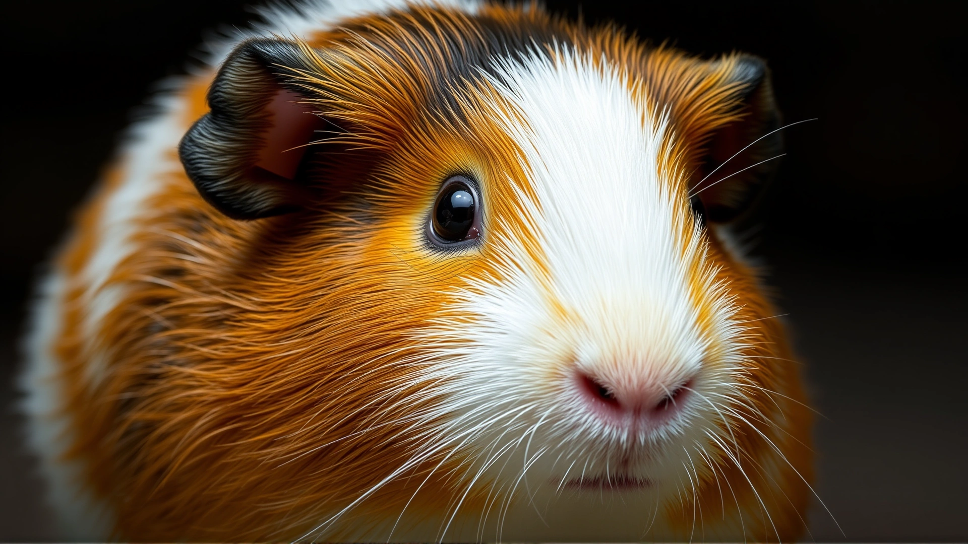 Guinea pig with visible nasal discharge and slightly watery eyes, captured in high detail.