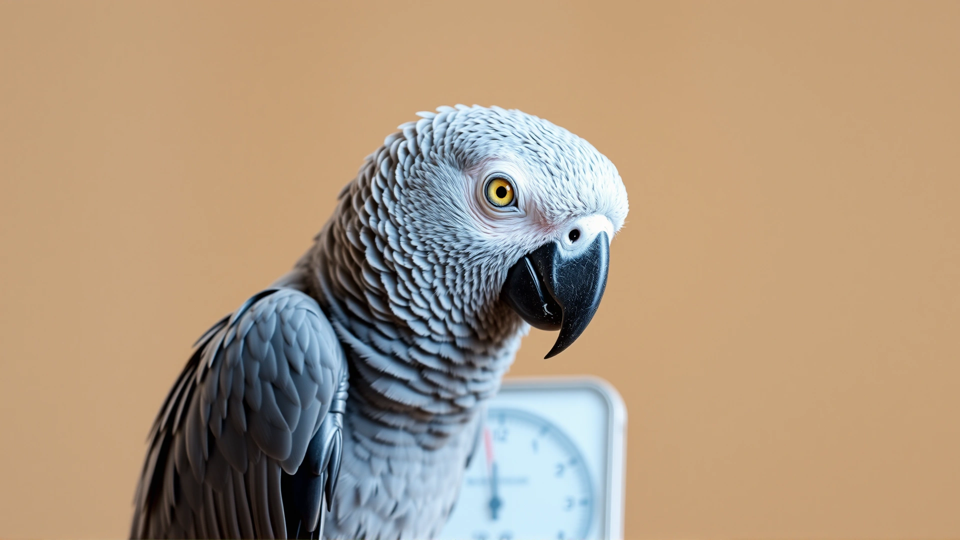 Thin African grey parrot perched on a digital scale, keel bone slightly prominent, illustrating weight loss symptom