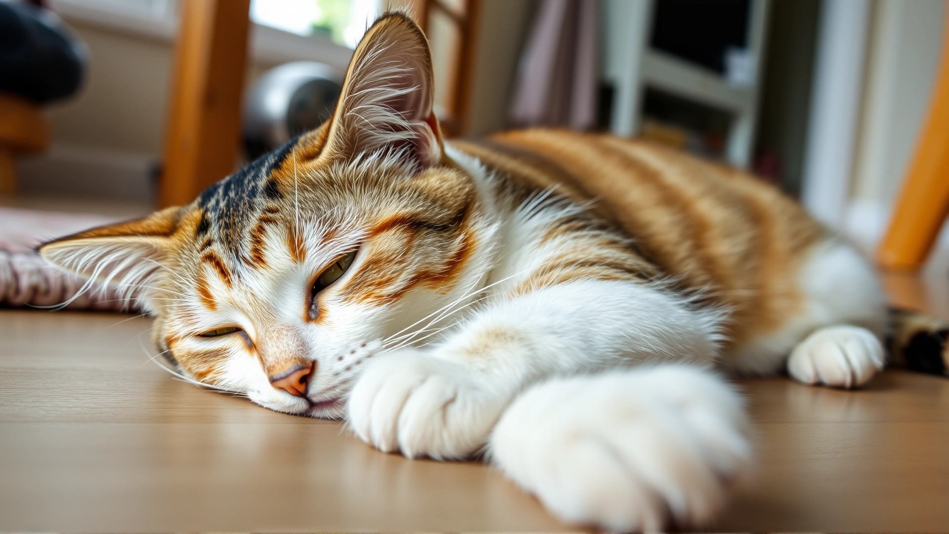 Domestic cat lying on the floor appearing lethargic with slightly yellow tint around eyes, natural home environment, soft light